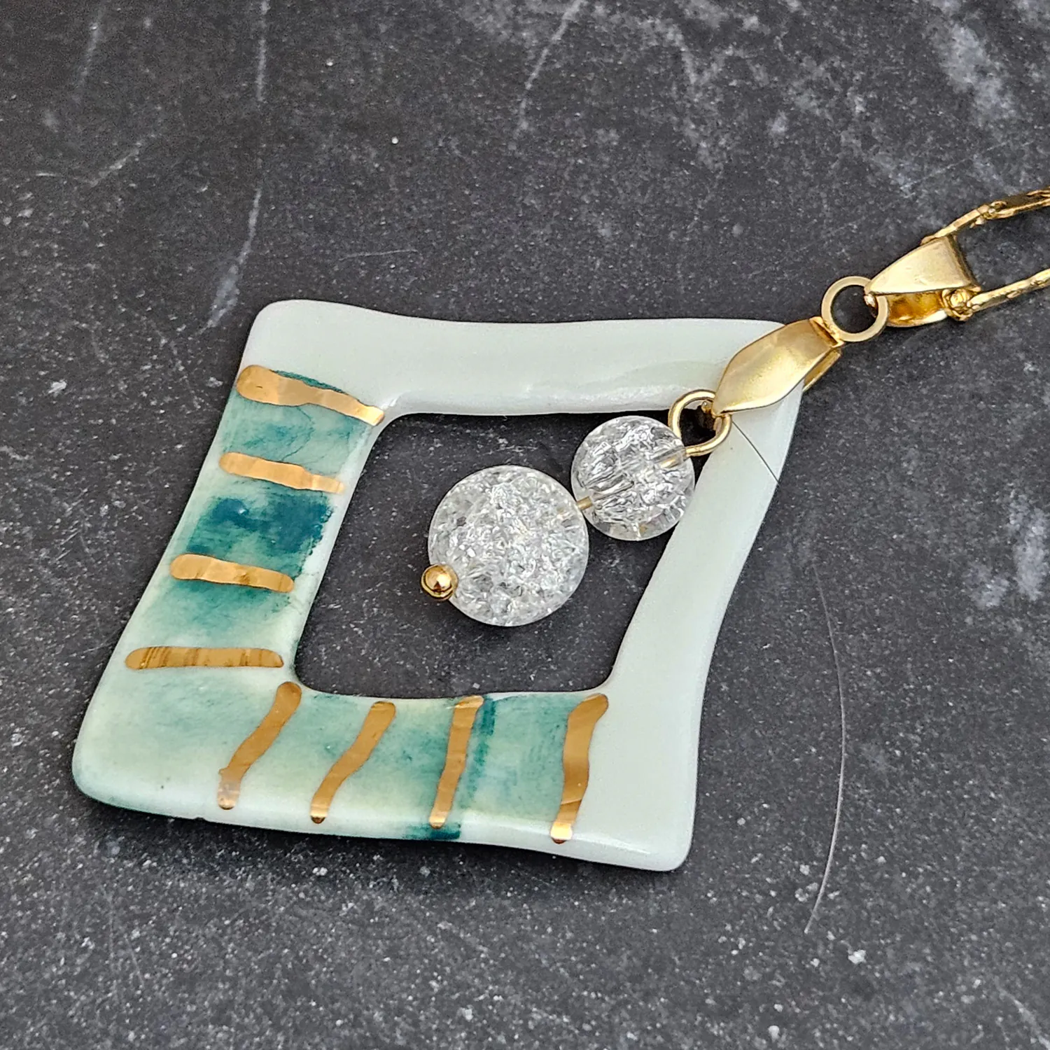 Two-sided hand-painted artisan green fine ceramic porcelain designer necklace with 22k gold plating and ice crystals - Image 2