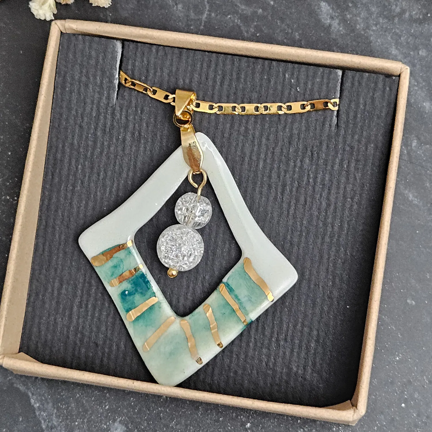 Two-sided hand-painted artisan green fine ceramic porcelain designer necklace with 22k gold plating and ice crystals - Image 4