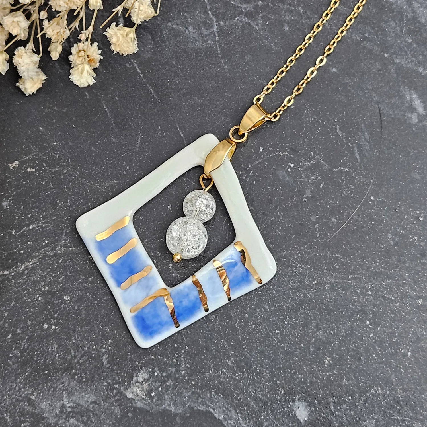 Two-sided hand-painted artisan blue fine ceramic porcelain designer necklace with 22k gold plating and ice crystals