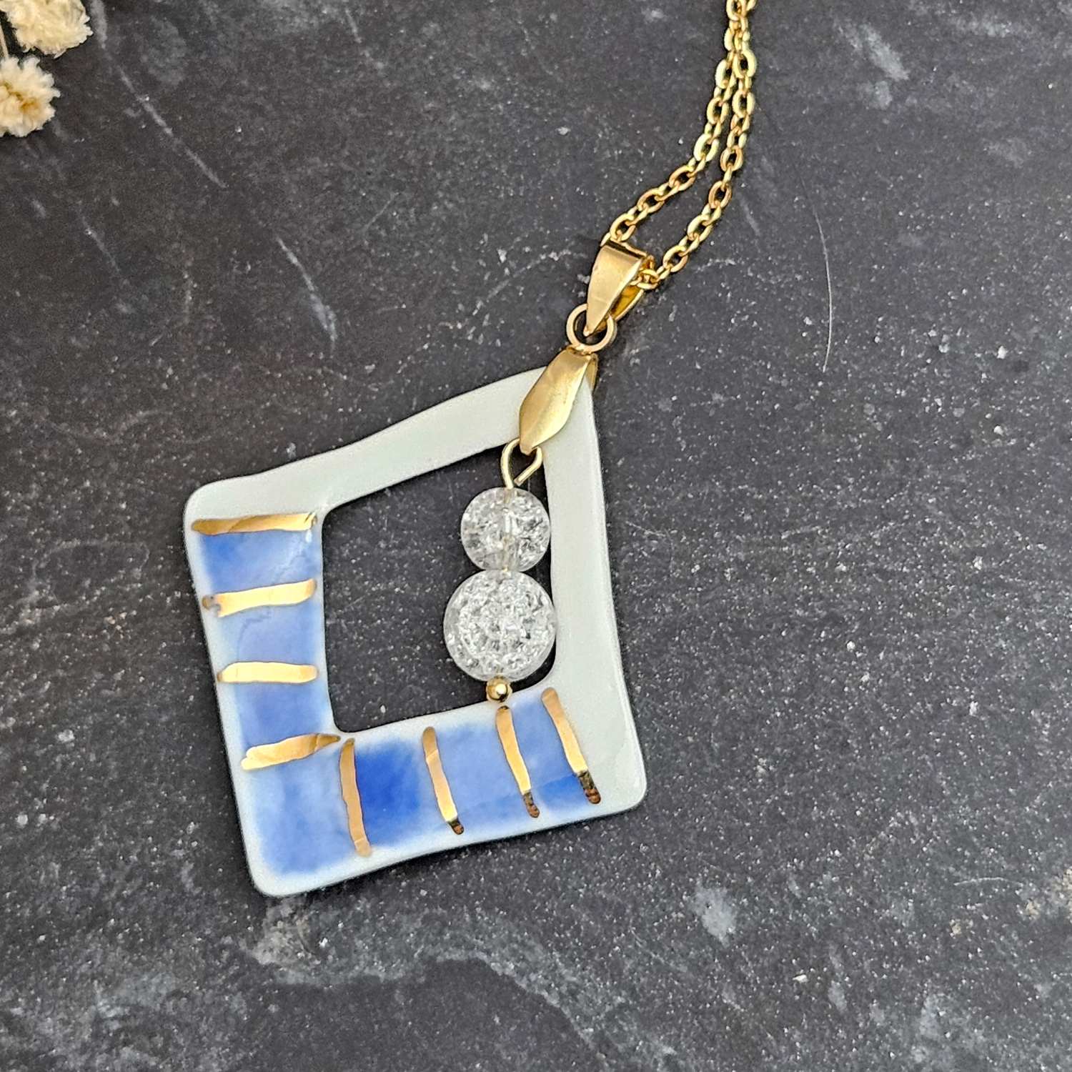 Two-sided hand-painted artisan blue fine ceramic porcelain designer necklace with 22k gold plating and ice crystals - obrazek 3