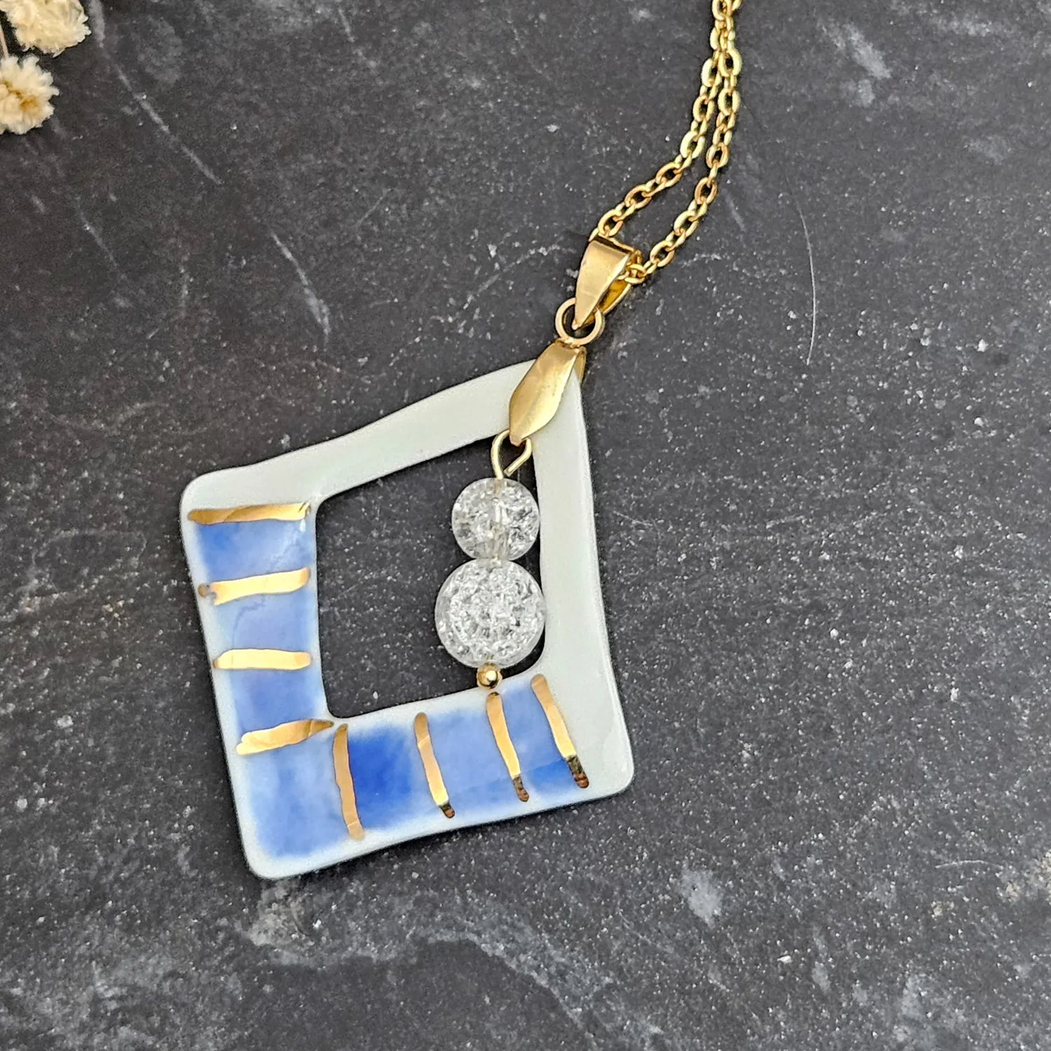Two-sided hand-painted artisan blue fine ceramic porcelain designer necklace with 22k gold plating and ice crystals - Image 3