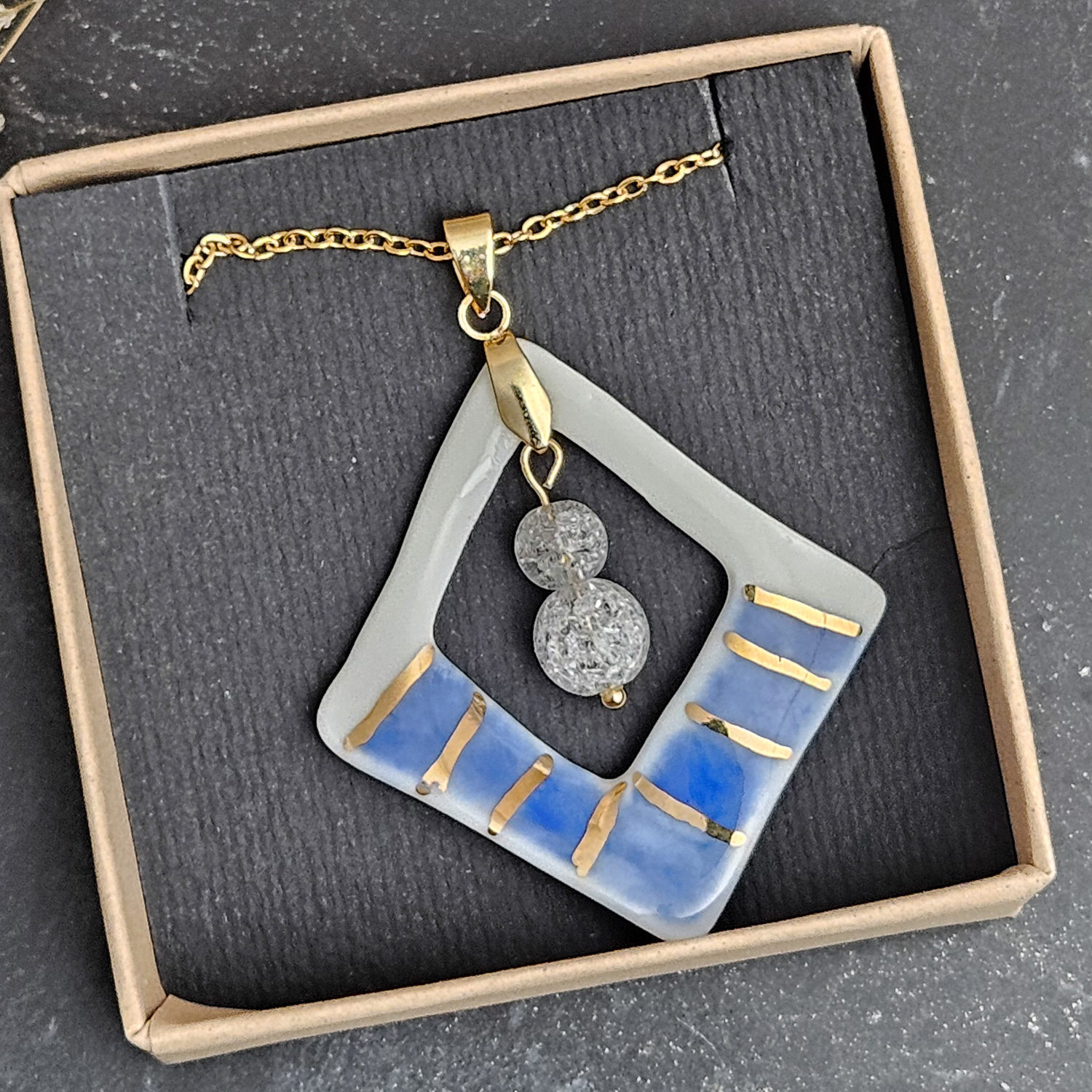 Two-sided hand-painted artisan blue fine ceramic porcelain designer necklace with 22k gold plating and ice crystals - obrazek 4