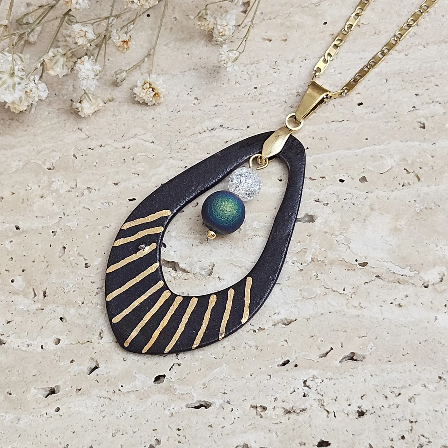 Two-sided black fine ceramic porcelain designer necklace with 22k gold plating and ice crystal and agate druzy