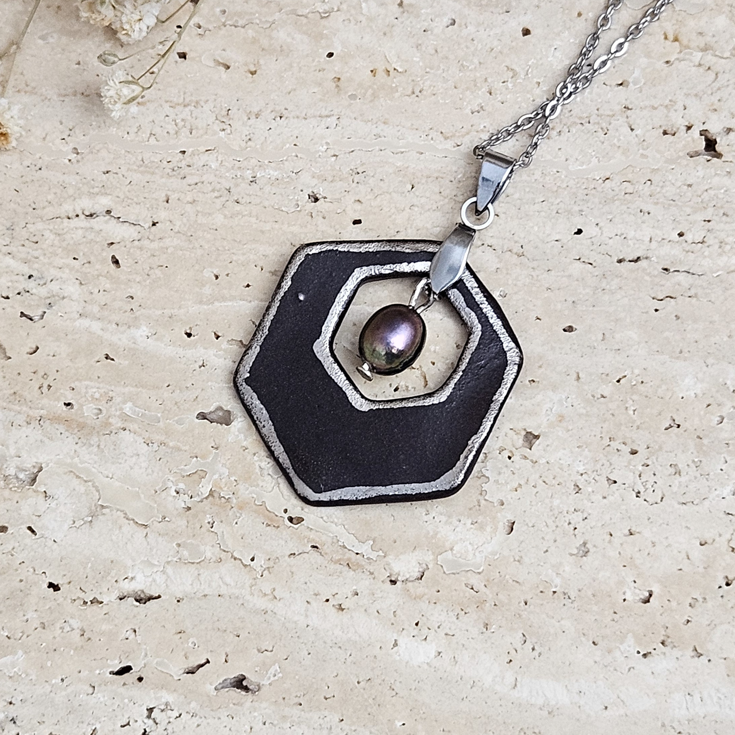 Two-sided black fine ceramic porcelain designer necklace with silver accents (white gold) and pearl - Image 2