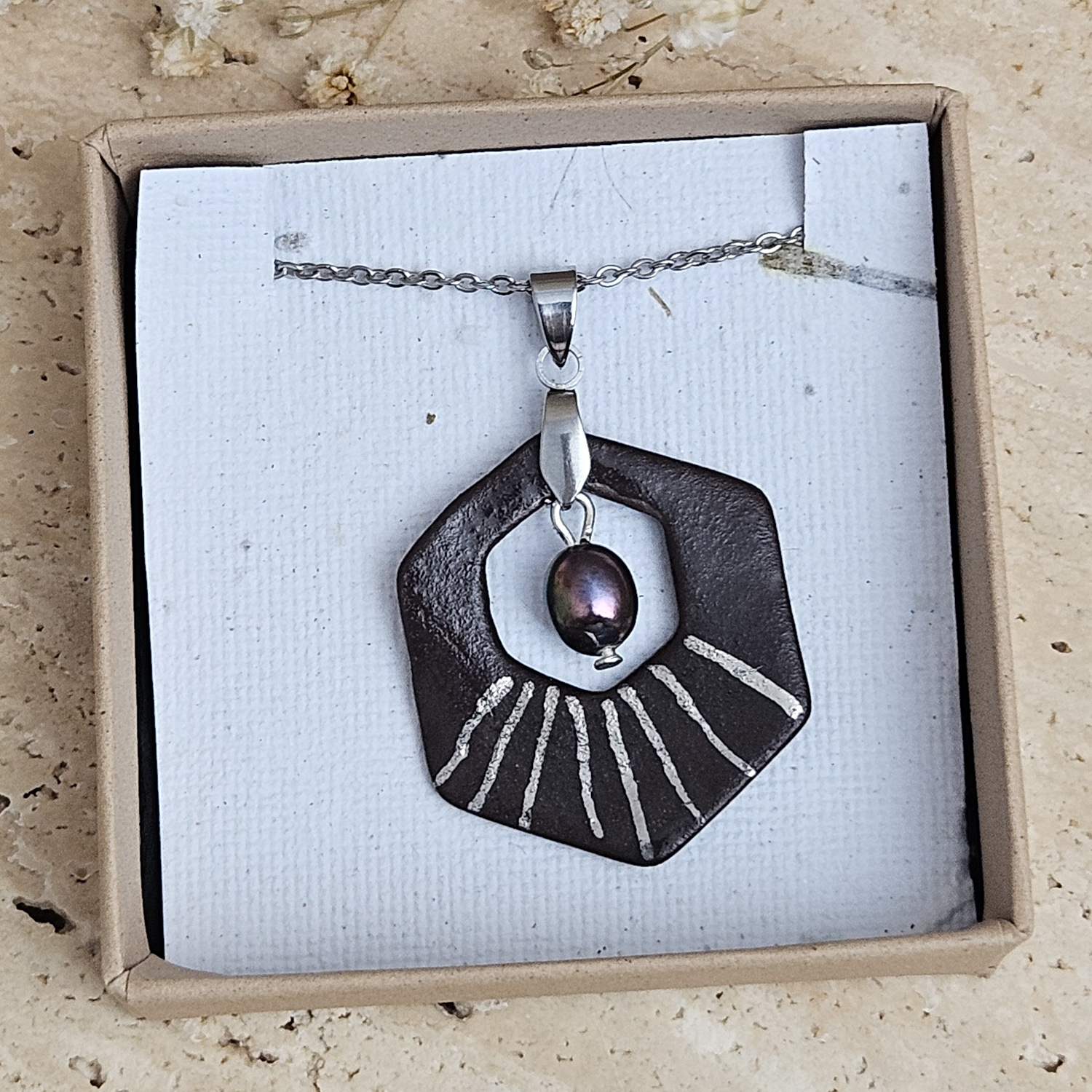Two-sided black fine ceramic porcelain designer necklace with silver accents (white gold) and pearl - Image 4