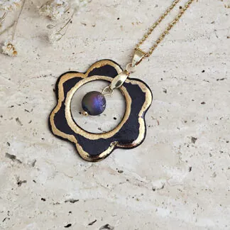 Two-sided black fine ceramic porcelain designer necklace with 22k gold plating and agate druzy