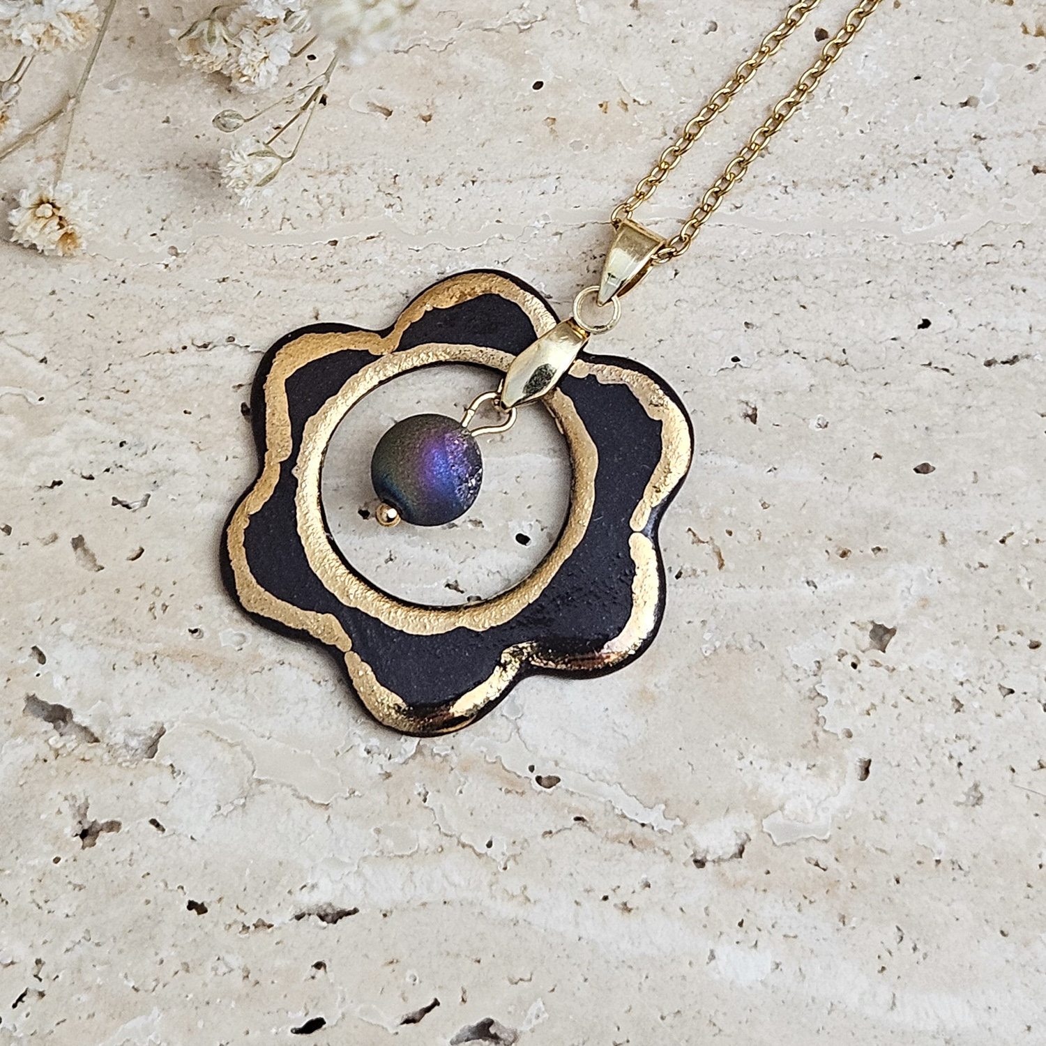 Two-sided black fine ceramic porcelain designer necklace with 22k gold plating and agate druzy