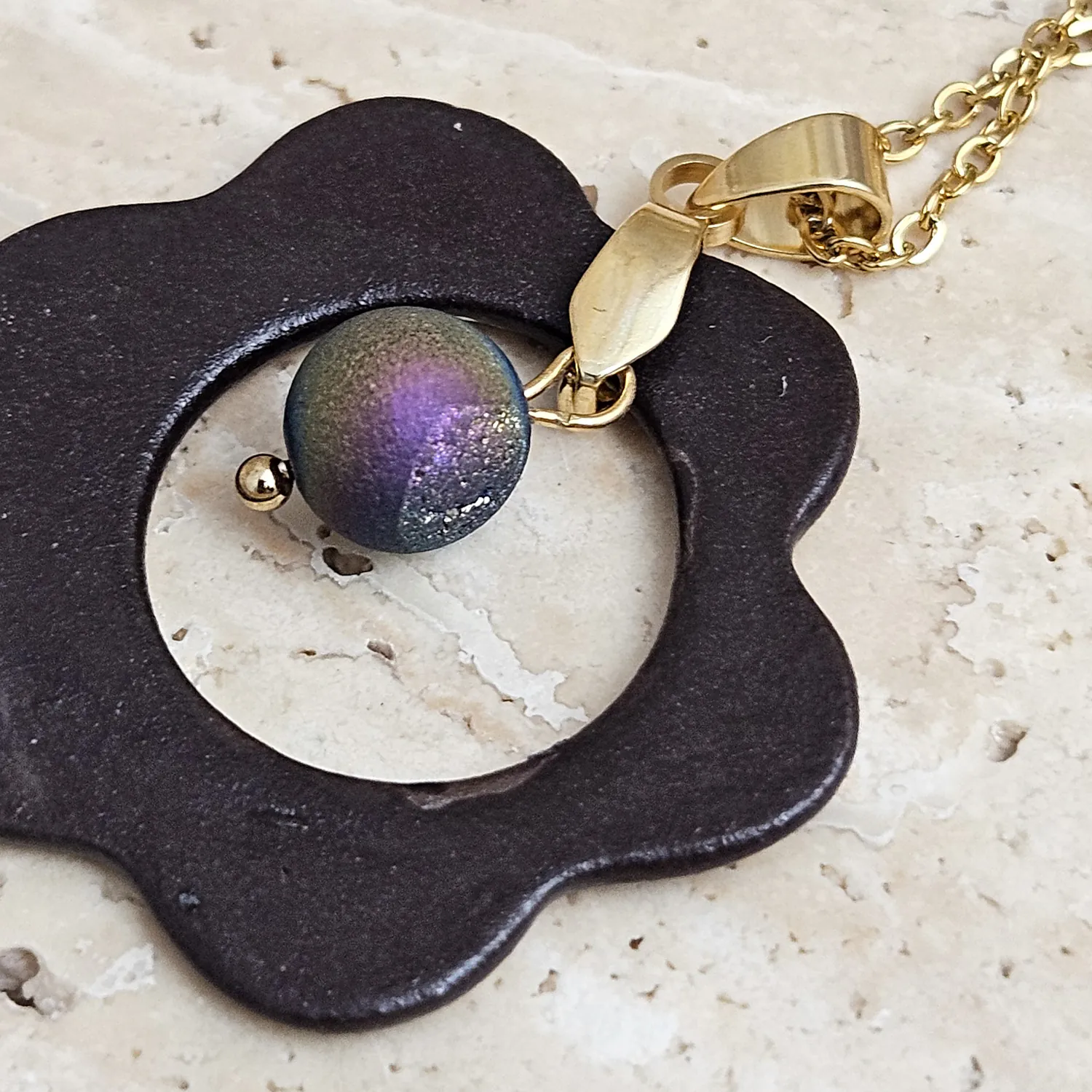 Two-sided black fine ceramic porcelain designer necklace with 22k gold plating and agate druzy - Image 3