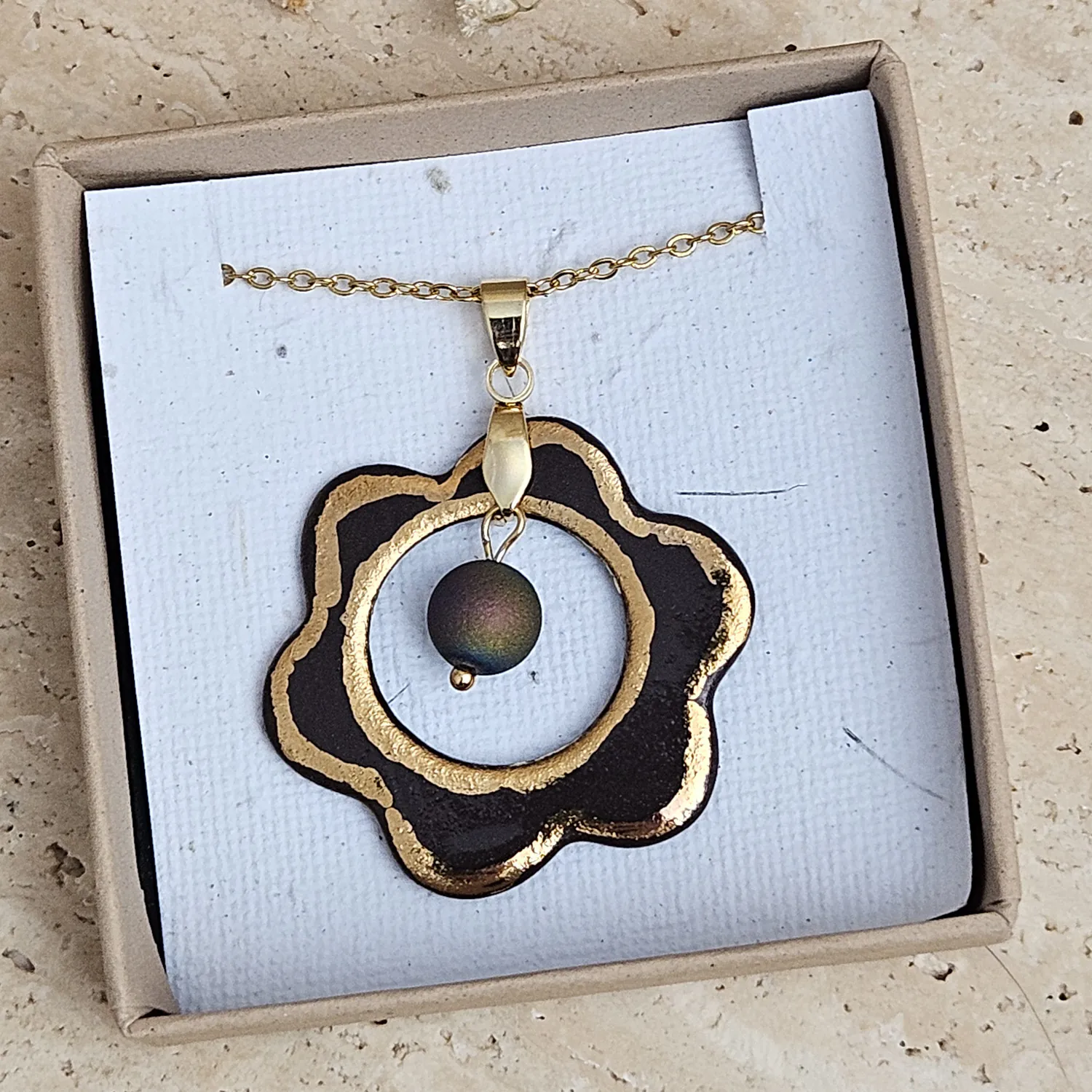 Two-sided black fine ceramic porcelain designer necklace with 22k gold plating and agate druzy - Image 4