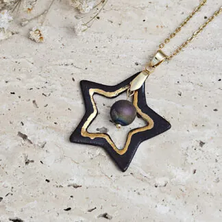 Two-sided black fine ceramic porcelain designer necklace with 22k gold plating and agate druzy