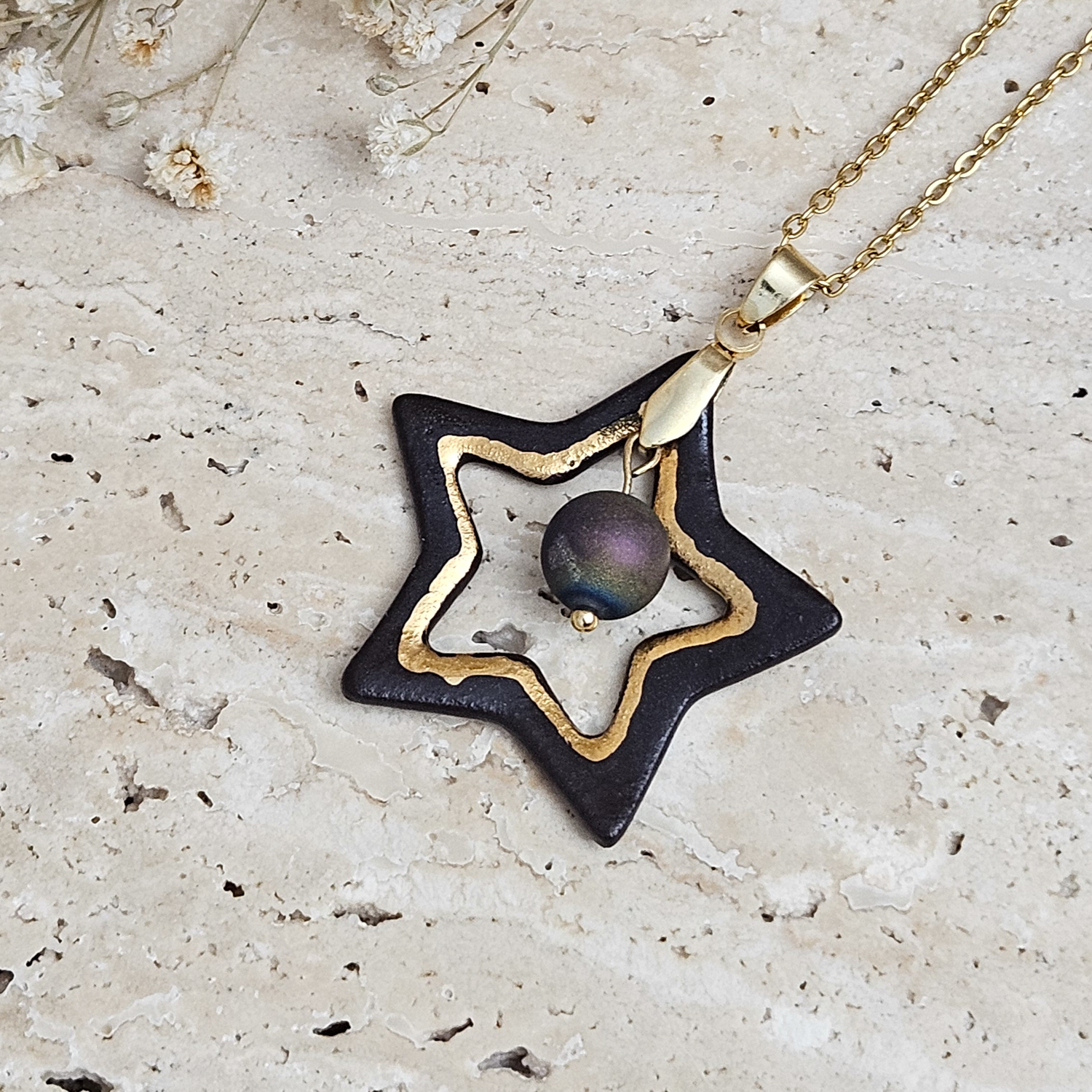 Two-sided black fine ceramic porcelain designer necklace with 22k gold plating and agate druzy