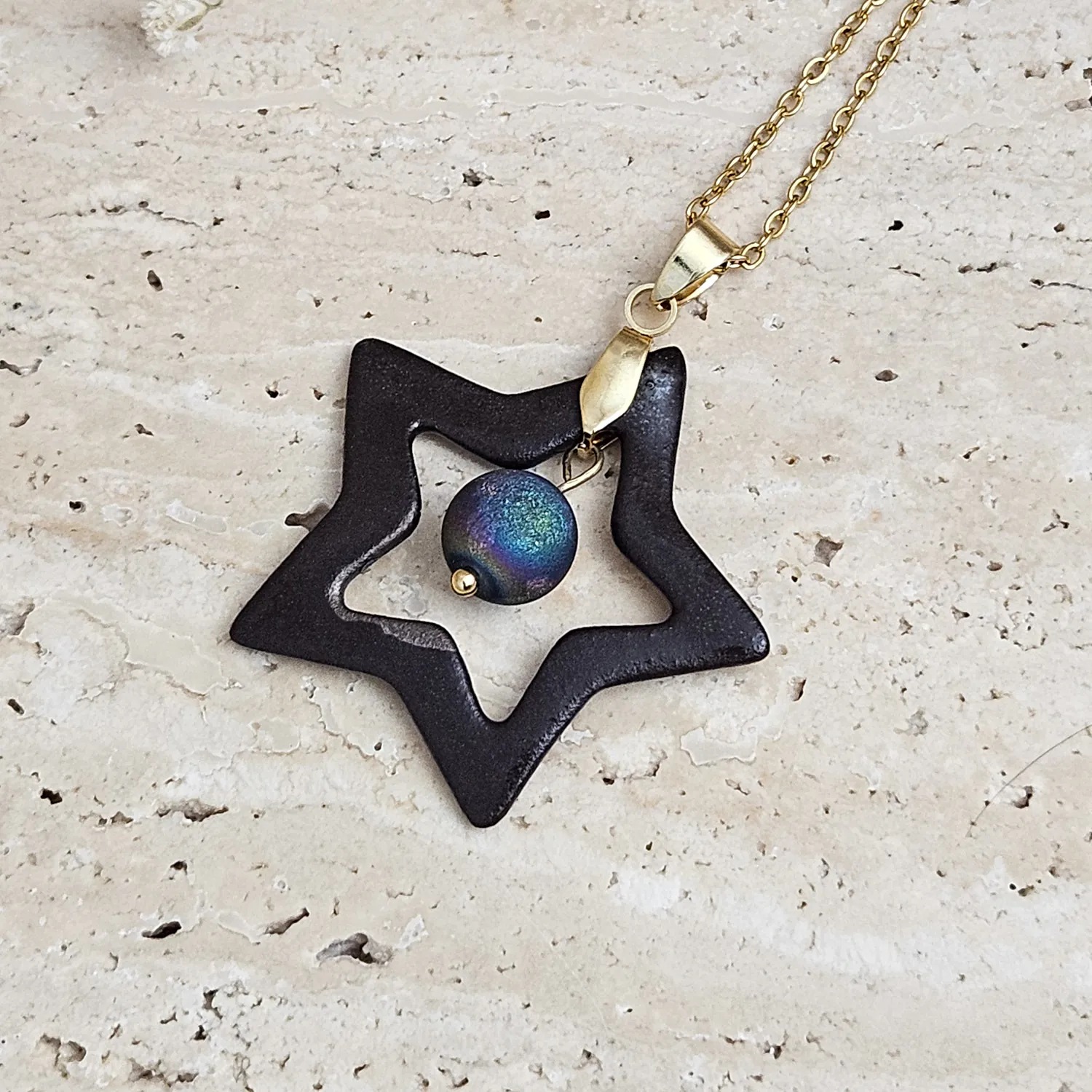 Two-sided black fine ceramic porcelain designer necklace with 22k gold plating and agate druzy - Image 2