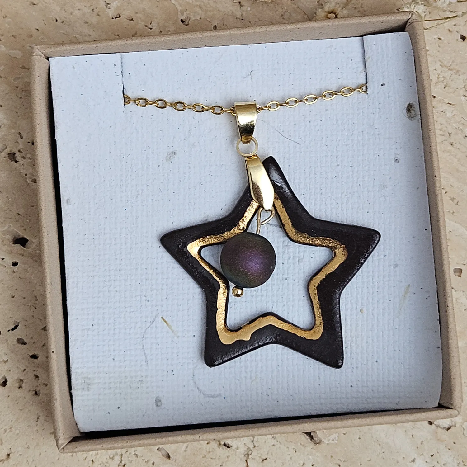 Two-sided black fine ceramic porcelain designer necklace with 22k gold plating and agate druzy - Image 4