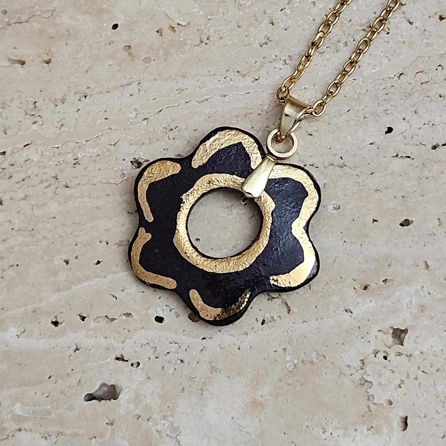 Two-sided black fine ceramic porcelain designer necklace with 22k gold plating