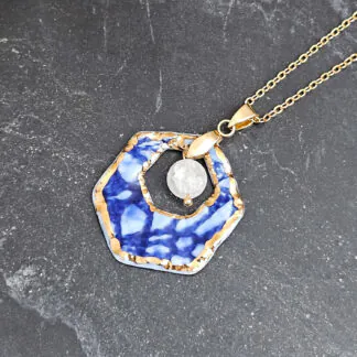 Cobalt blue fine ceramic porcelain designer necklace with 22k gold plating and ice crystal - embossed crocheted pattern
