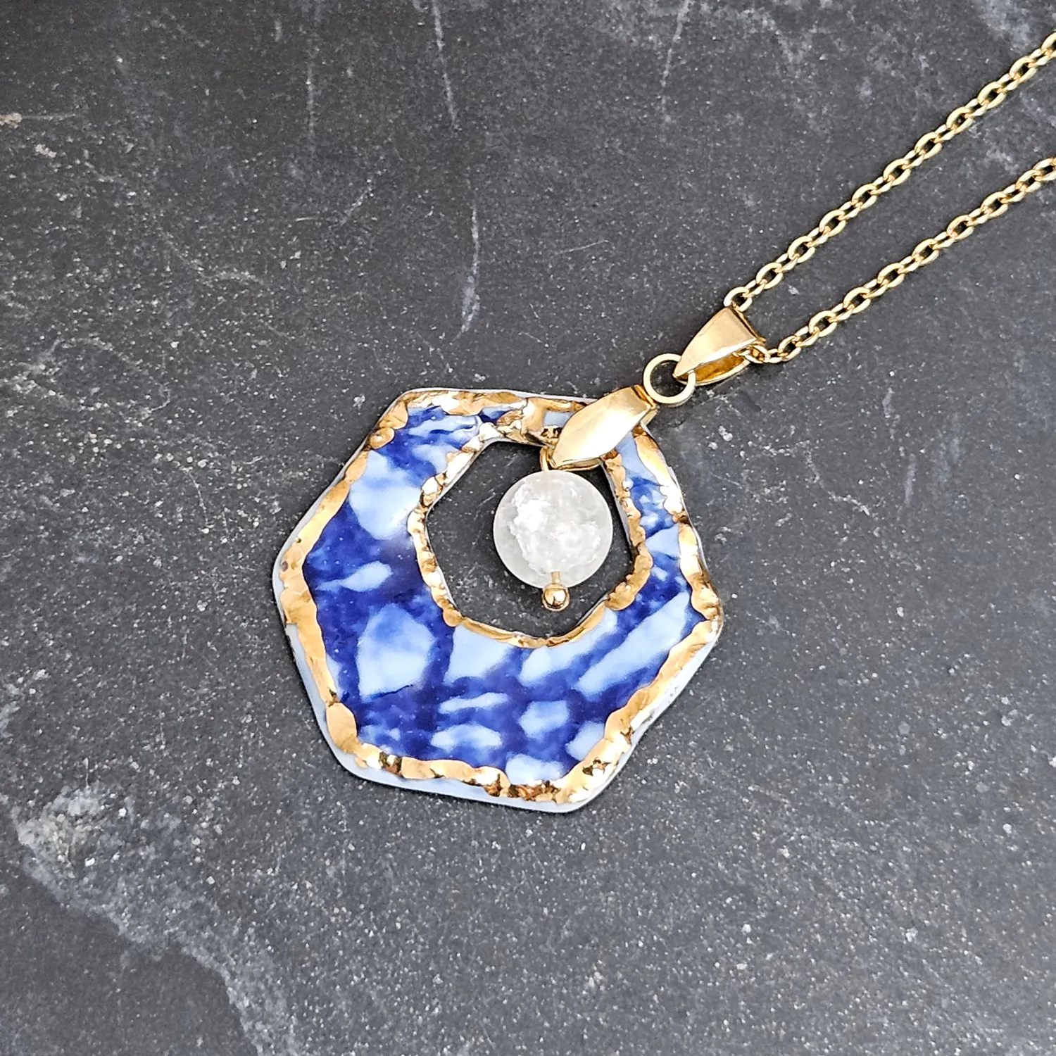 Cobalt blue fine ceramic porcelain designer necklace with 22k gold plating and ice crystal - embossed crocheted pattern