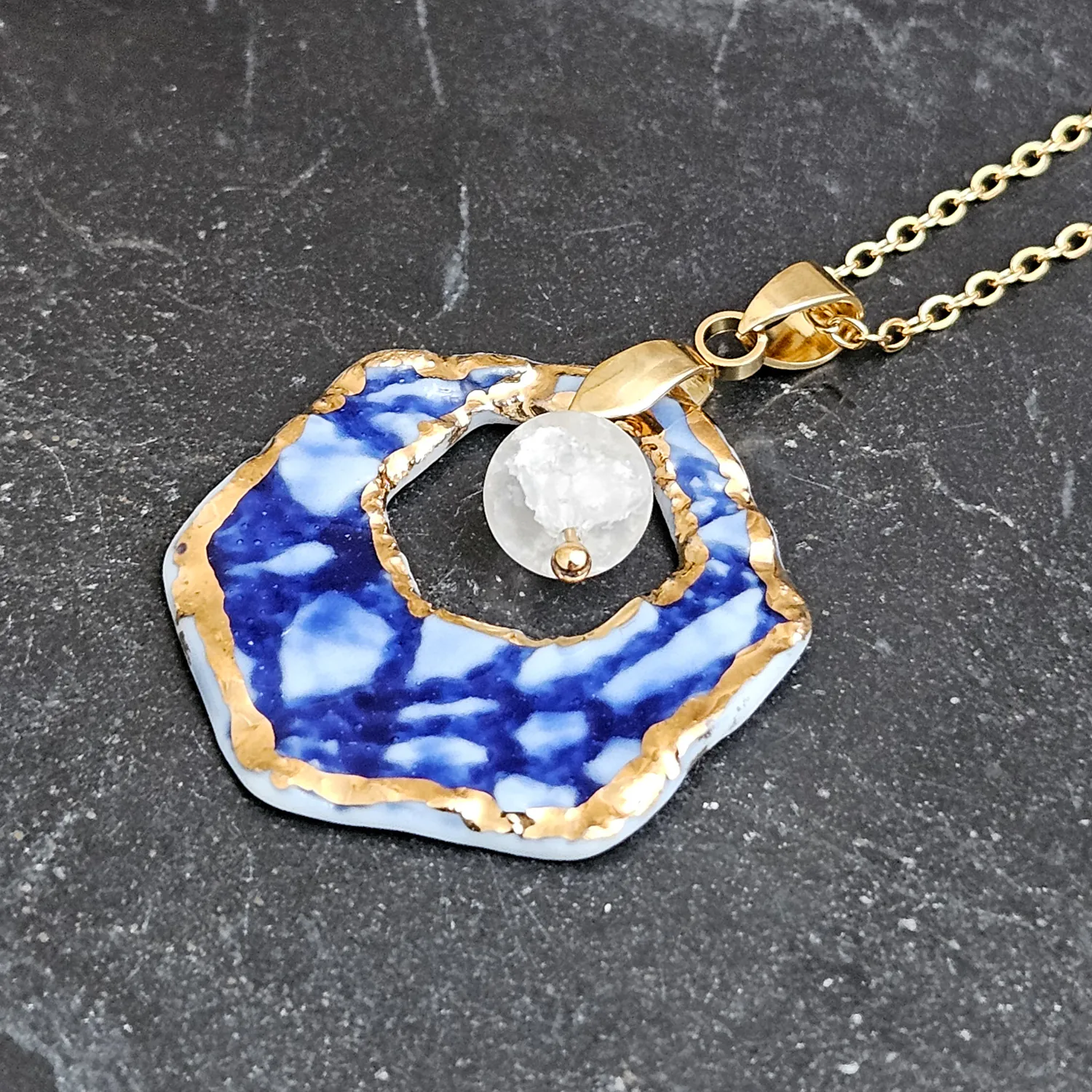 Cobalt blue fine ceramic porcelain designer necklace with 22k gold plating and ice crystal - embossed crocheted pattern - Image 2
