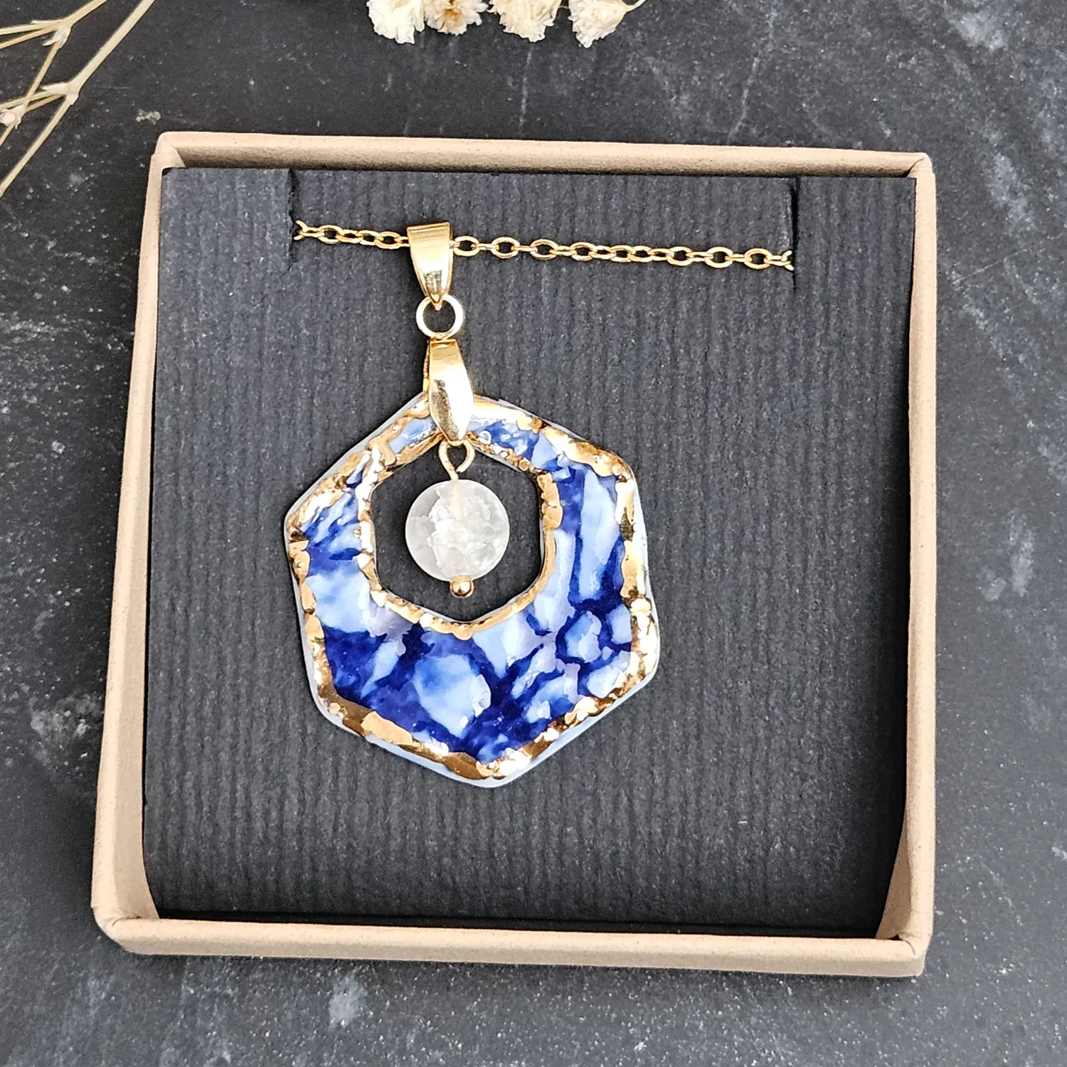 Cobalt blue fine ceramic porcelain designer necklace with 22k gold plating and ice crystal - embossed crocheted pattern - Image 4
