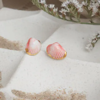 Rose pink fine ceramic porcelain hypoallergenic stud designer earrings for sensitive ears - authentic Mediterranean shell imprints with 22k gold plating