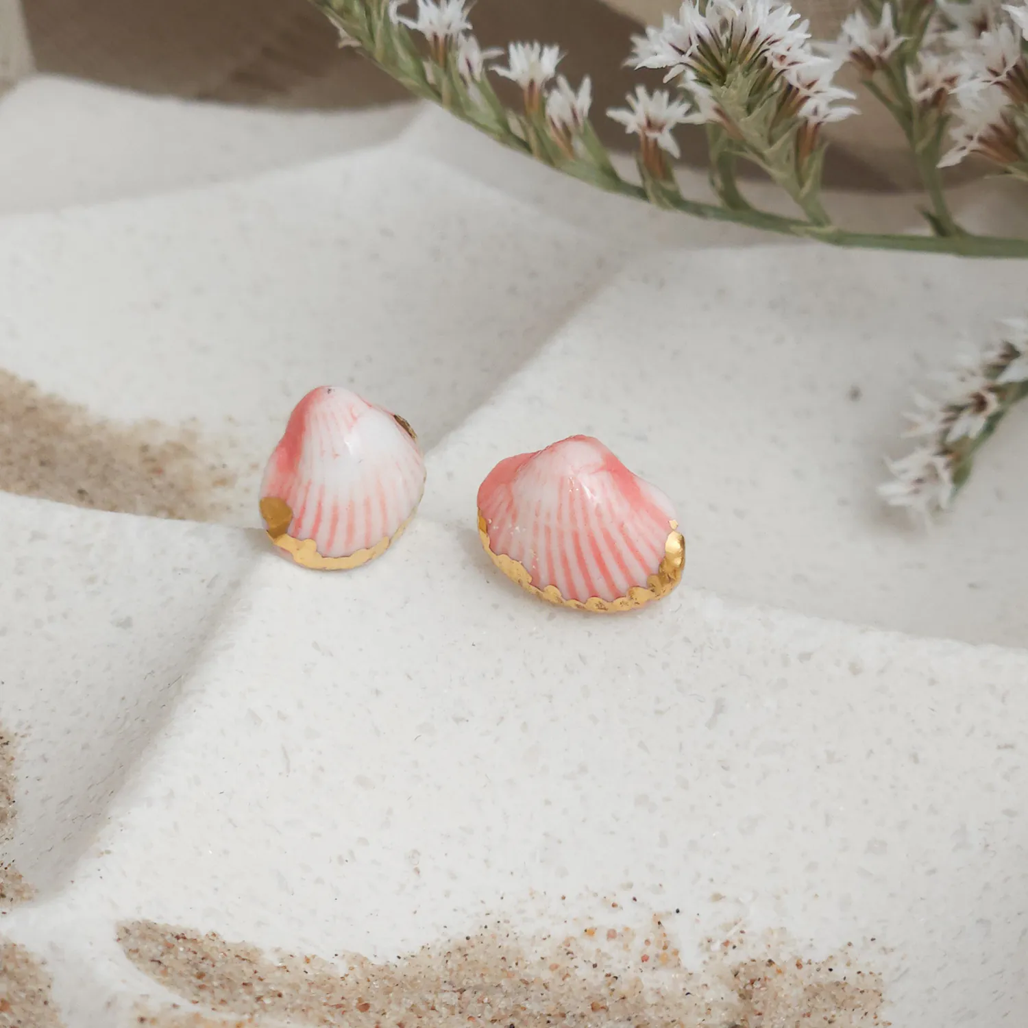 Rose pink fine ceramic porcelain hypoallergenic stud designer earrings for sensitive ears - authentic Mediterranean shell imprints with 22k gold plating