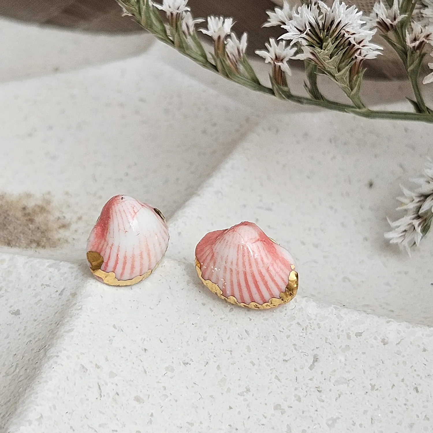 Rose pink fine ceramic porcelain hypoallergenic stud designer earrings for sensitive ears - authentic Mediterranean shell imprints with 22k gold plating - Image 2