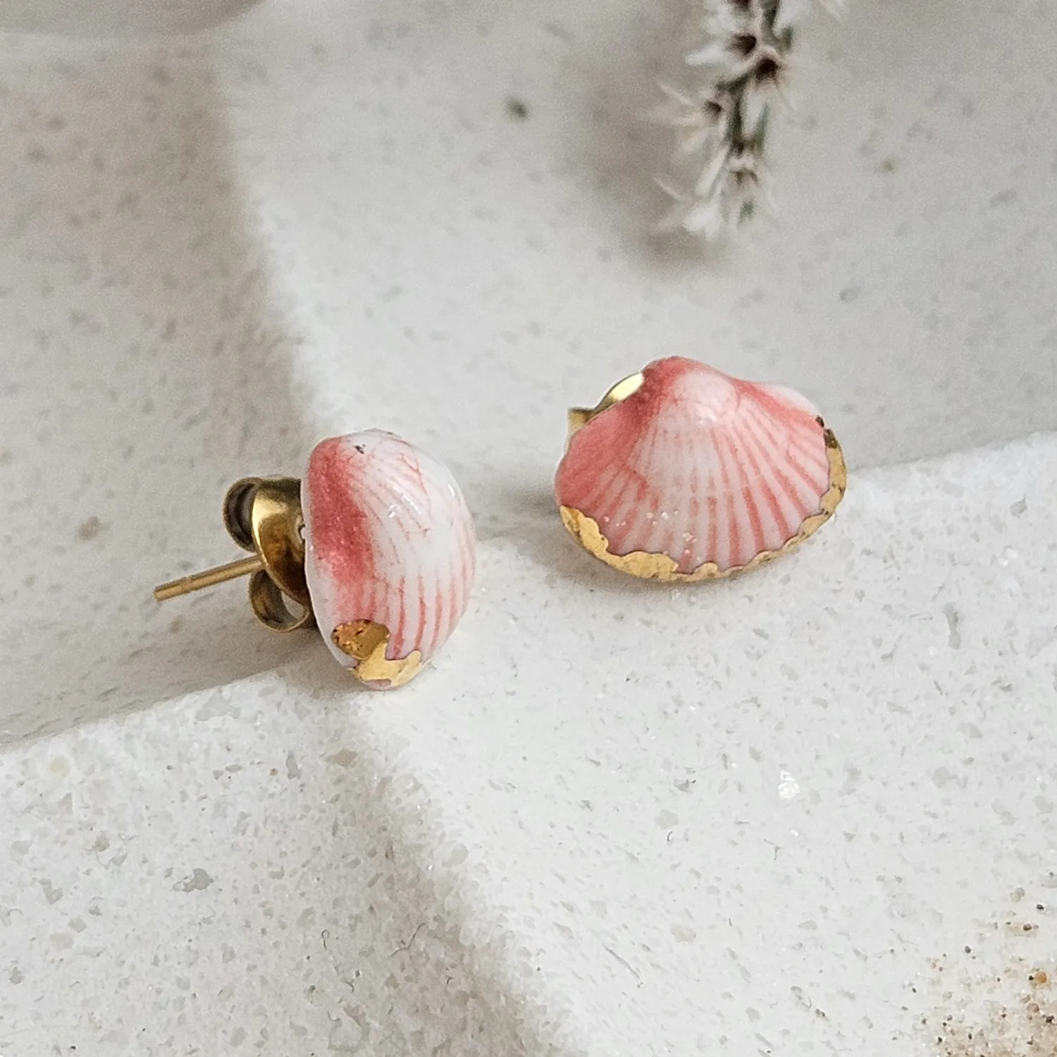 Rose pink fine ceramic porcelain hypoallergenic stud designer earrings for sensitive ears - authentic Mediterranean shell imprints with 22k gold plating - Image 3