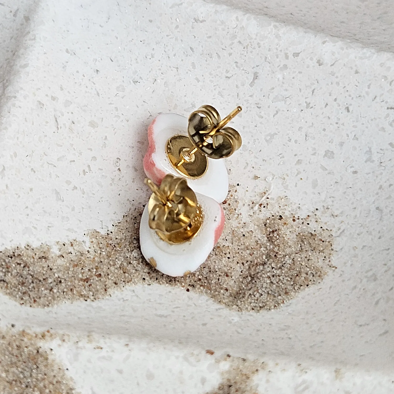 Rose pink fine ceramic porcelain hypoallergenic stud designer earrings for sensitive ears - authentic Mediterranean shell imprints with 22k gold plating - Image 4
