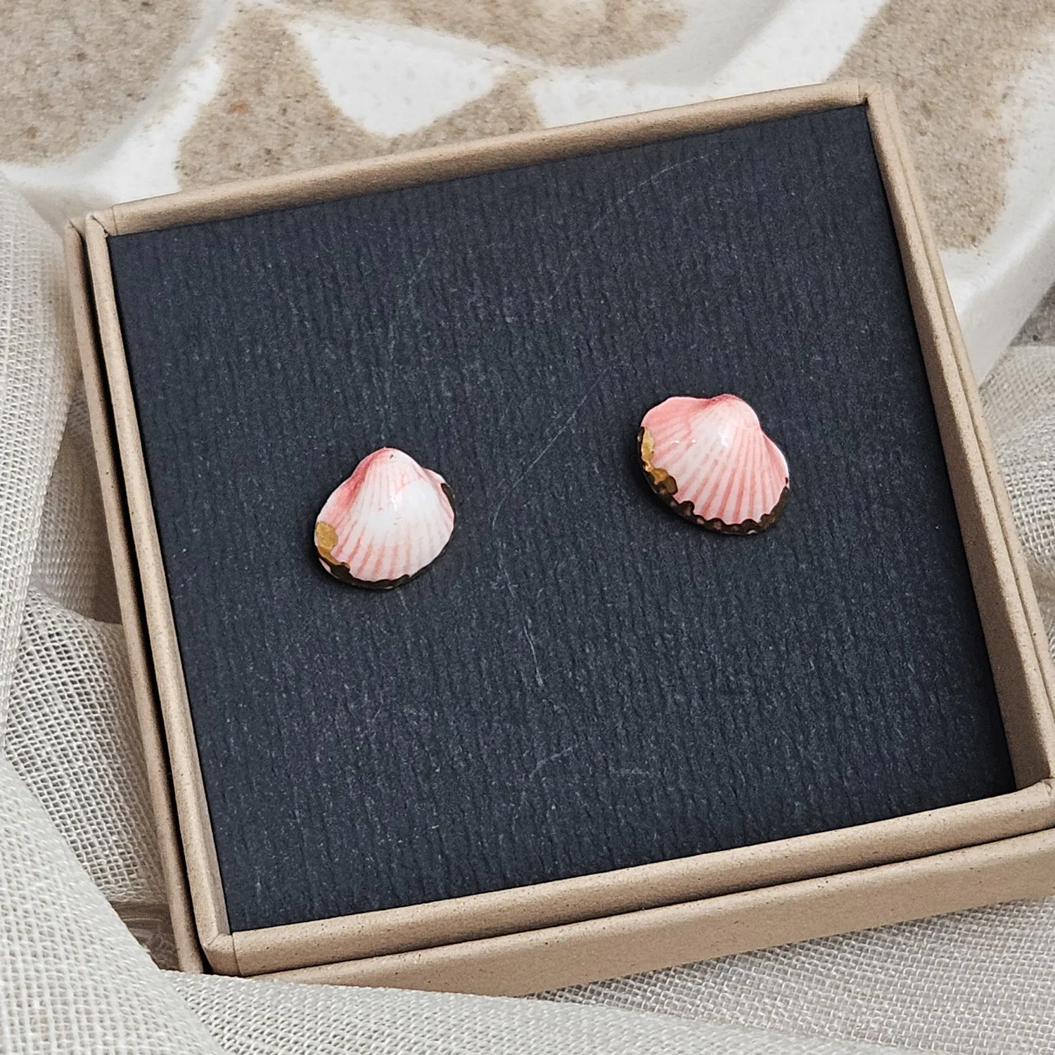 Rose pink fine ceramic porcelain hypoallergenic stud designer earrings for sensitive ears - authentic Mediterranean shell imprints with 22k gold plating - Image 5