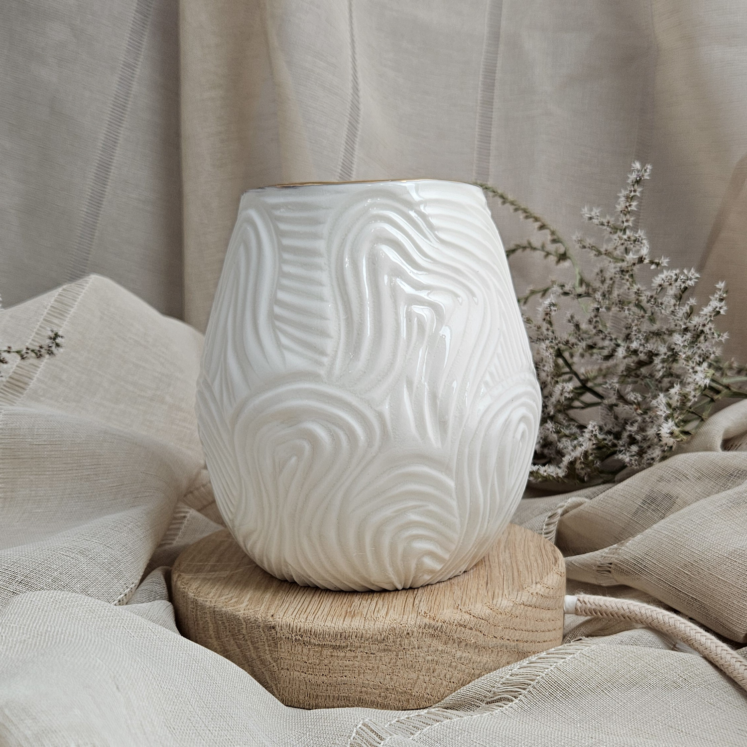Carved fine porcelain handmade ceramic table lamp with gold - organic pattern