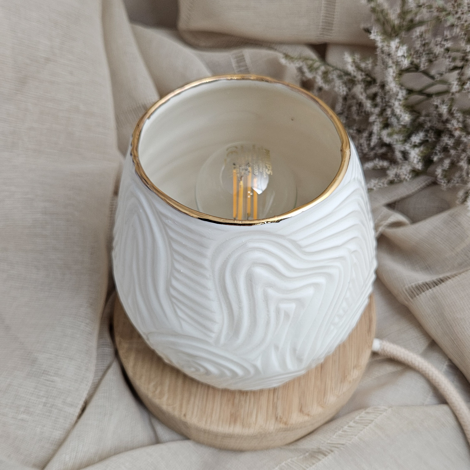 Carved fine porcelain handmade ceramic table lamp with gold - organic pattern - Image 4