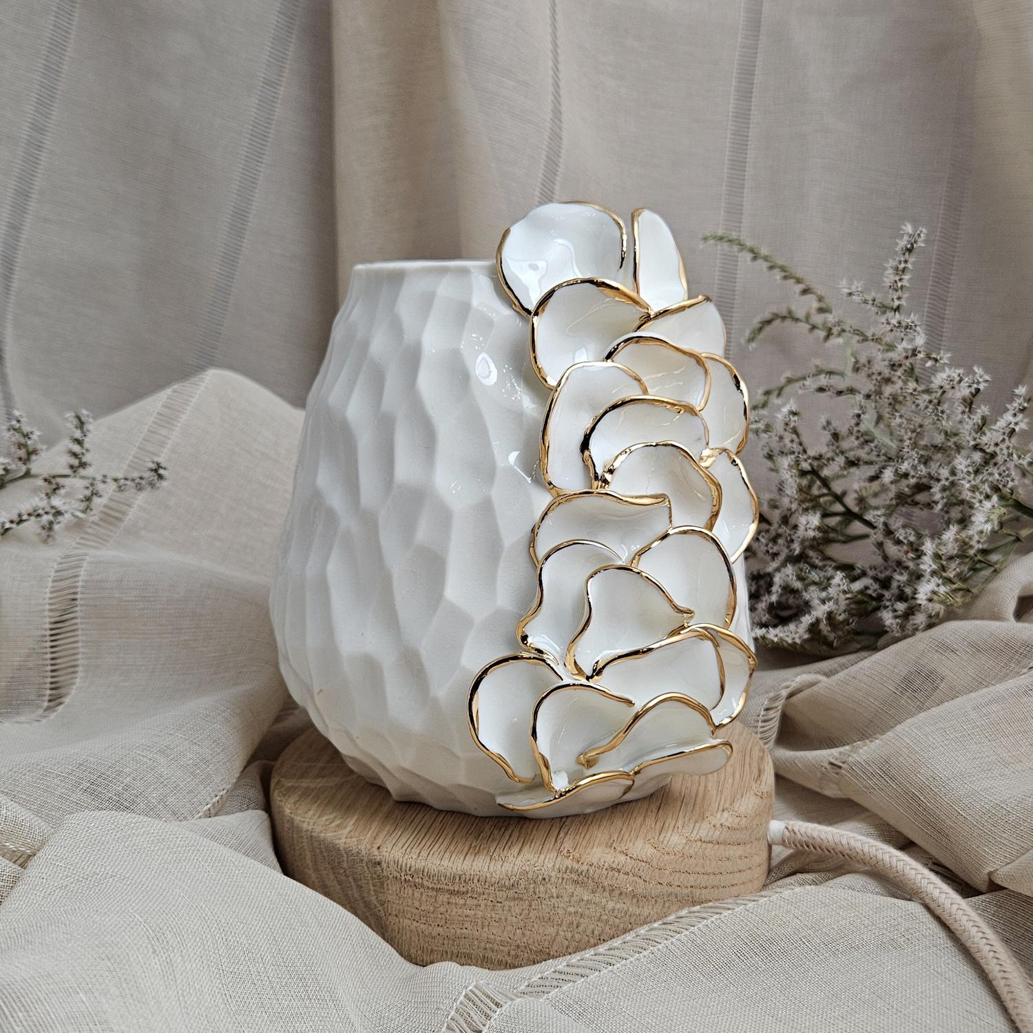 Carved fine porcelain handmade ceramic table lamp with gold - flower petals application
