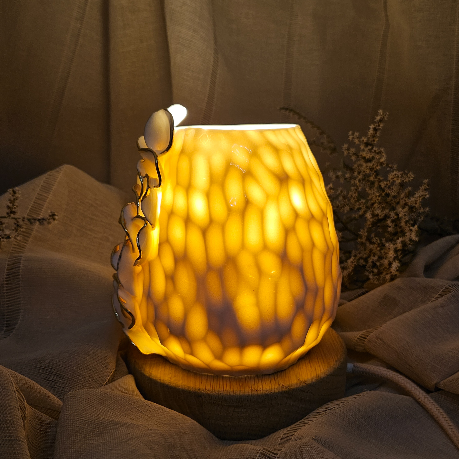 Carved fine porcelain handmade ceramic table lamp with gold - flower petals application - Image 2