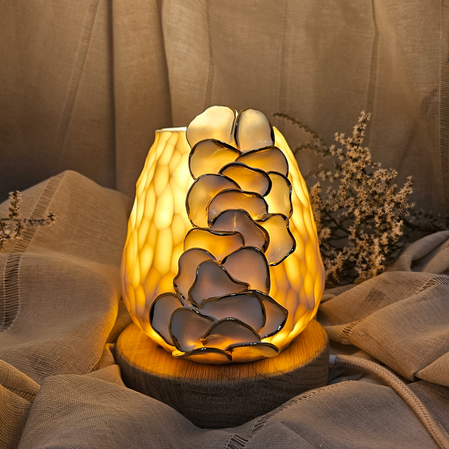 Carved fine porcelain handmade ceramic table lamp with gold - flower petals application - Image 3