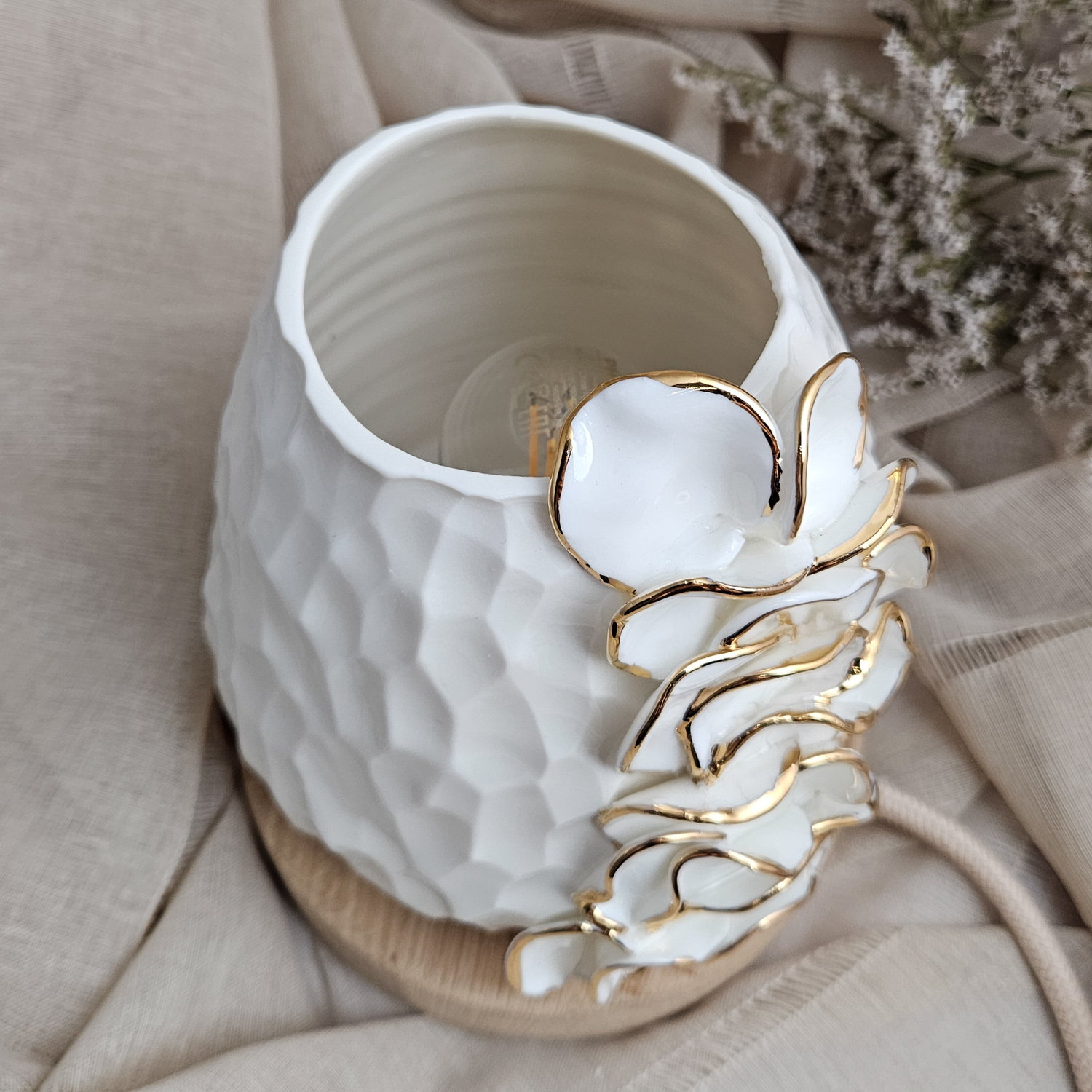 Carved fine porcelain handmade ceramic table lamp with gold - flower petals application - Image 7