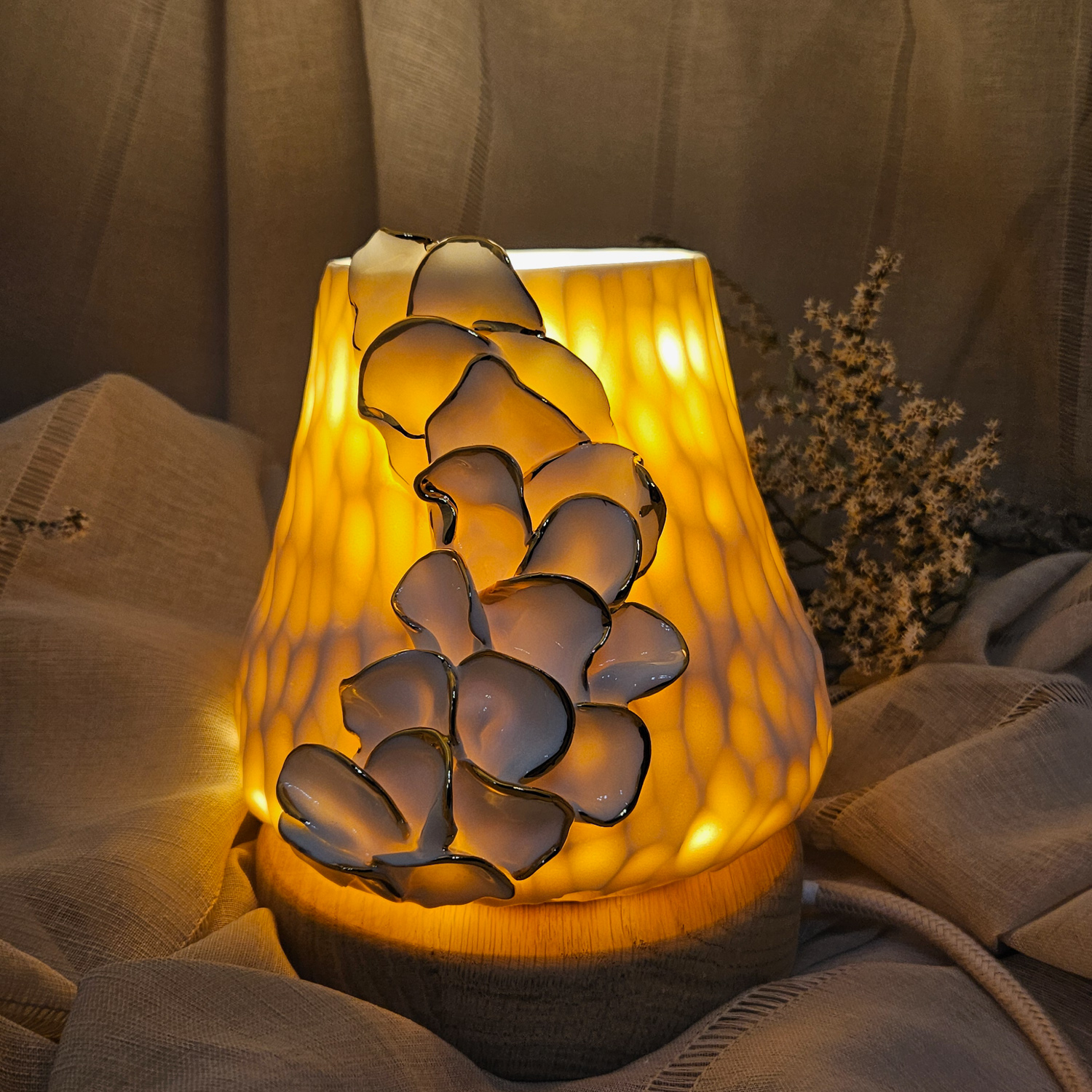 Carved fine porcelain handmade ceramic table lamp with gold - flower petals application - Image 2