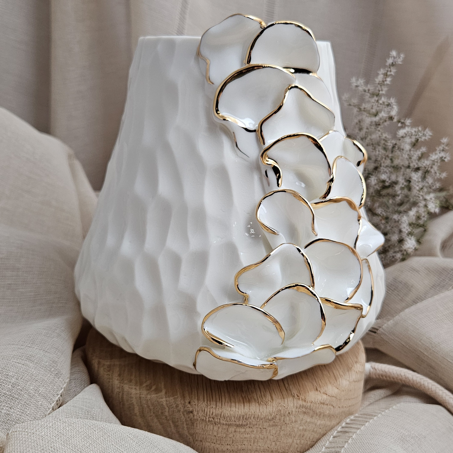 Carved fine porcelain handmade ceramic table lamp with gold - flower petals application - Image 3