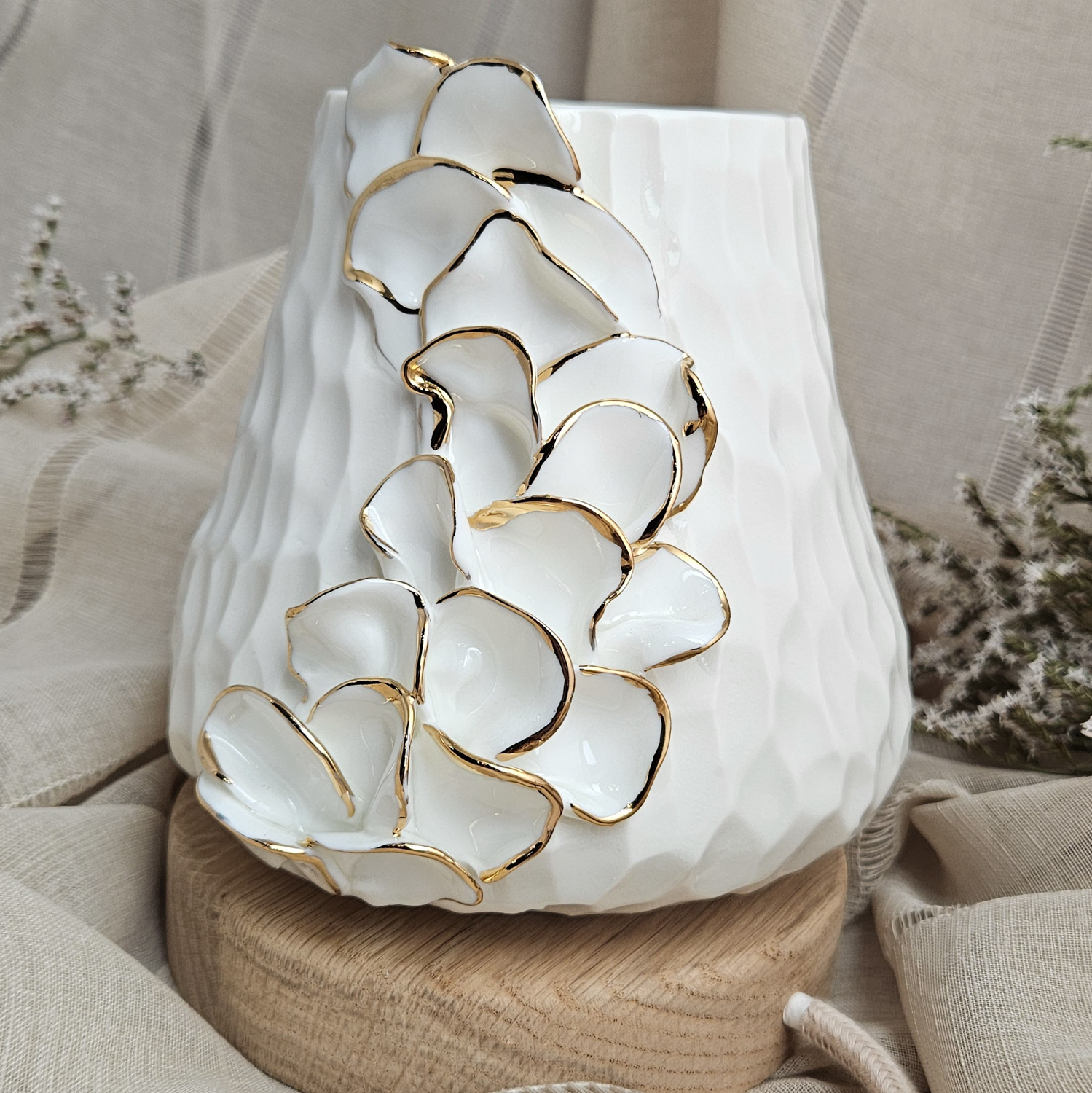 Carved fine porcelain handmade ceramic table lamp with gold - flower petals application - Image 4