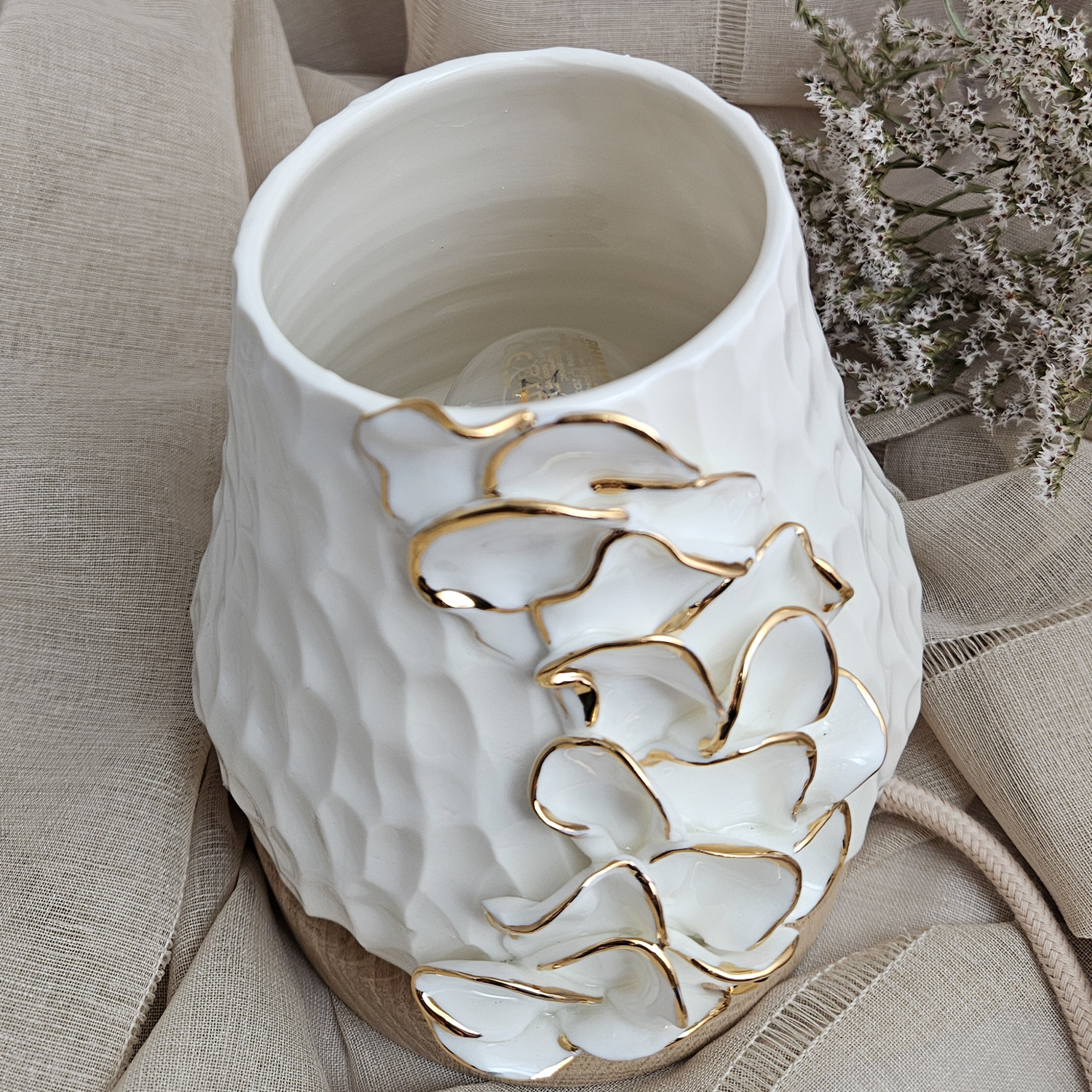 Carved fine porcelain handmade ceramic table lamp with gold - flower petals application - Image 5