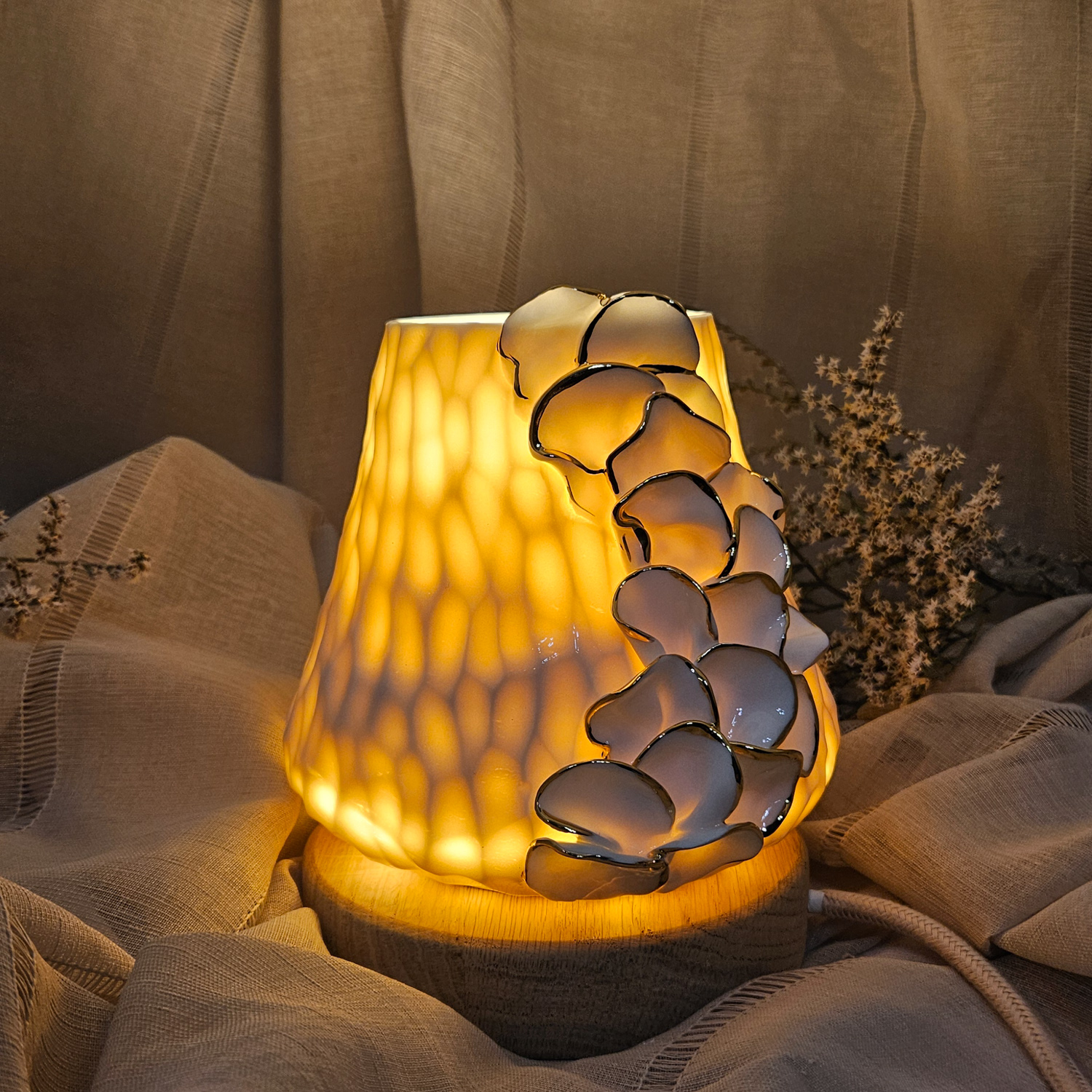 Carved fine porcelain handmade ceramic table lamp with gold - flower petals application - Image 8