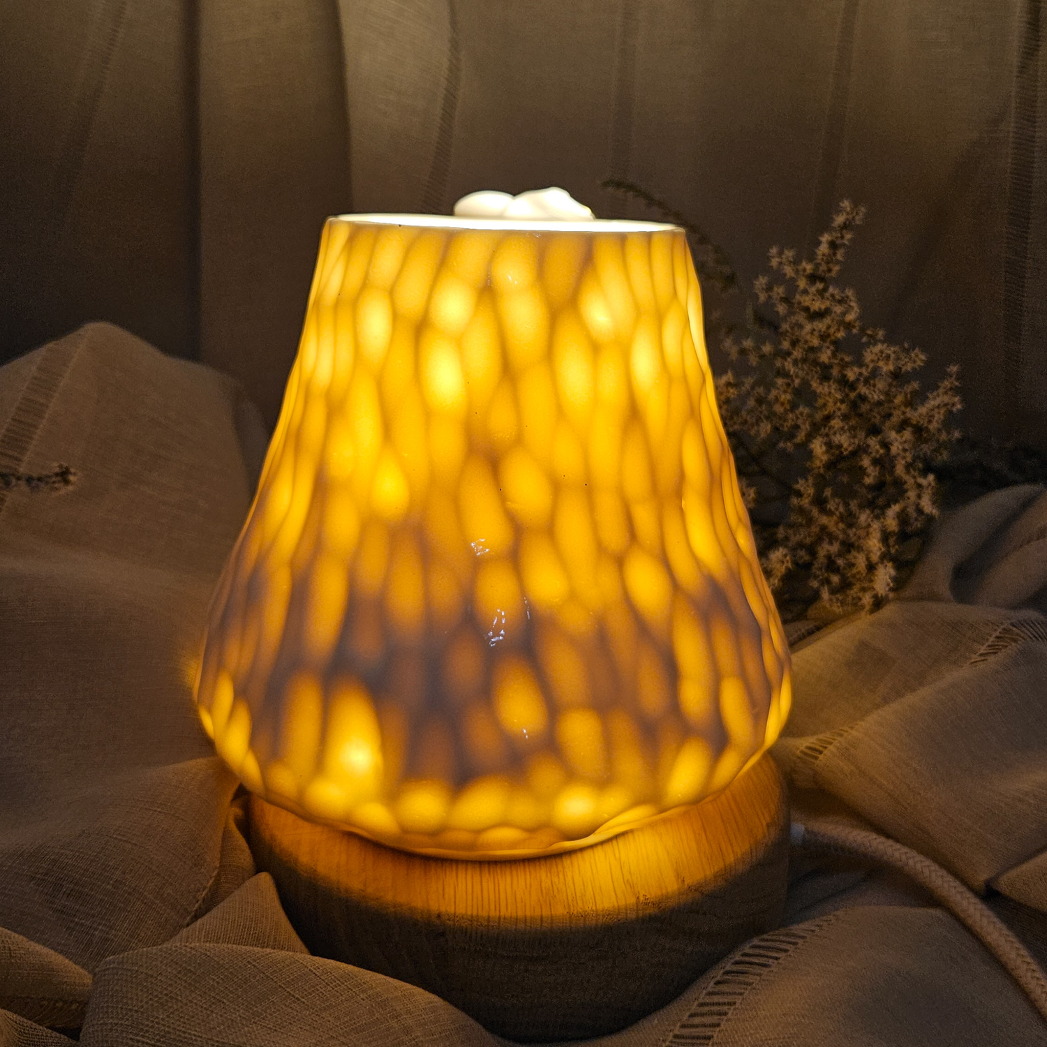 Carved fine porcelain handmade ceramic table lamp with gold - flower petals application - Image 10
