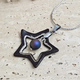 Two-sided black fine ceramic porcelain designer necklace with silver accents (white gold) and agate druzy