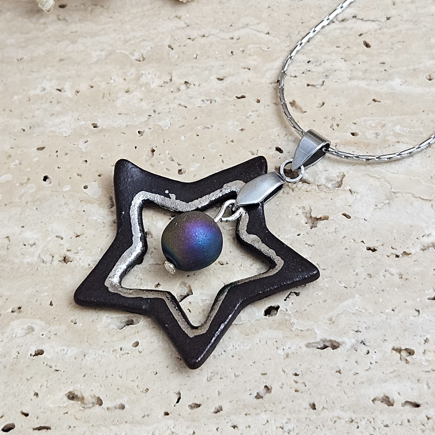 Two-sided black fine ceramic porcelain designer necklace with silver accents (white gold) and agate druzy