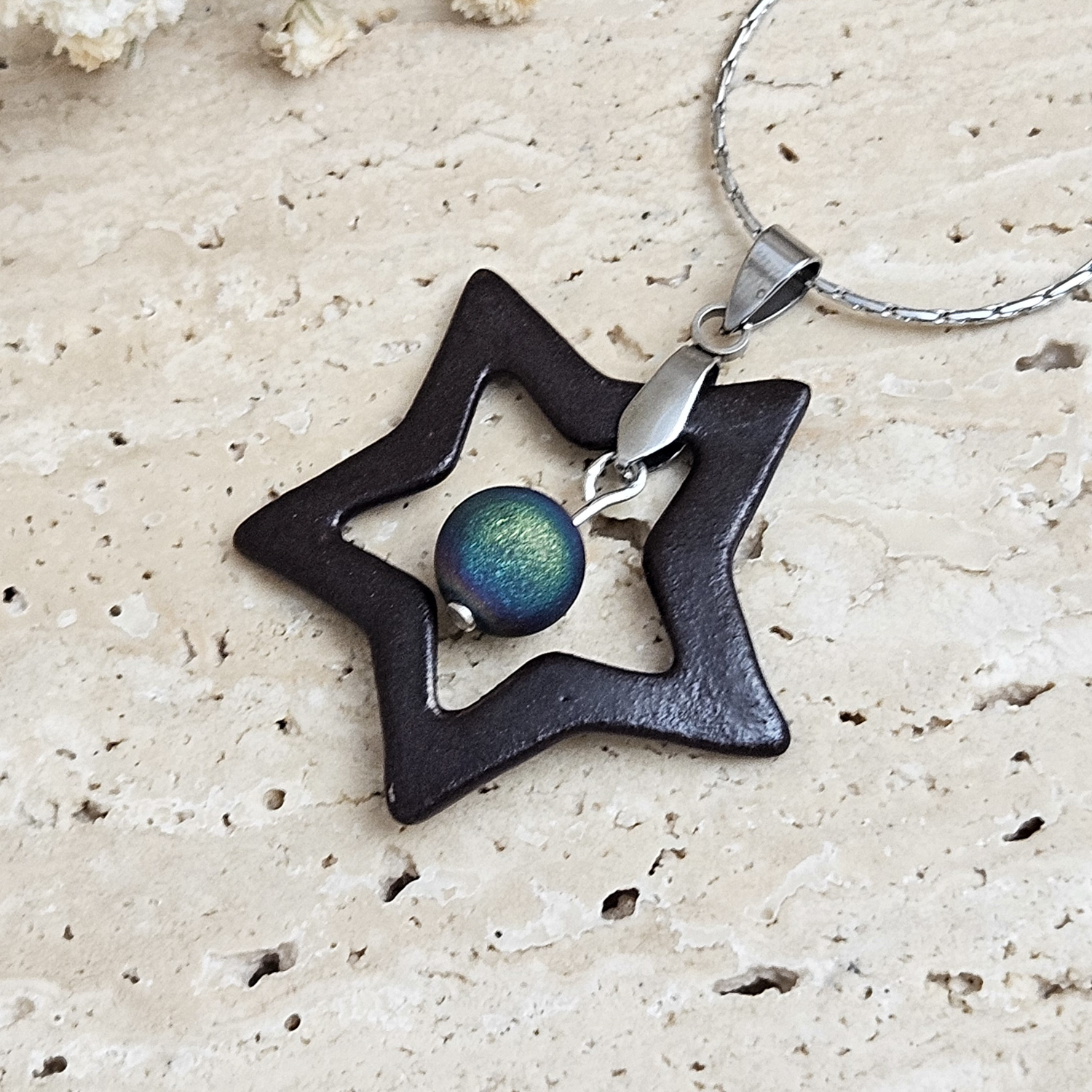 Two-sided black fine ceramic porcelain designer necklace with silver accents (white gold) and agate druzy - Image 2