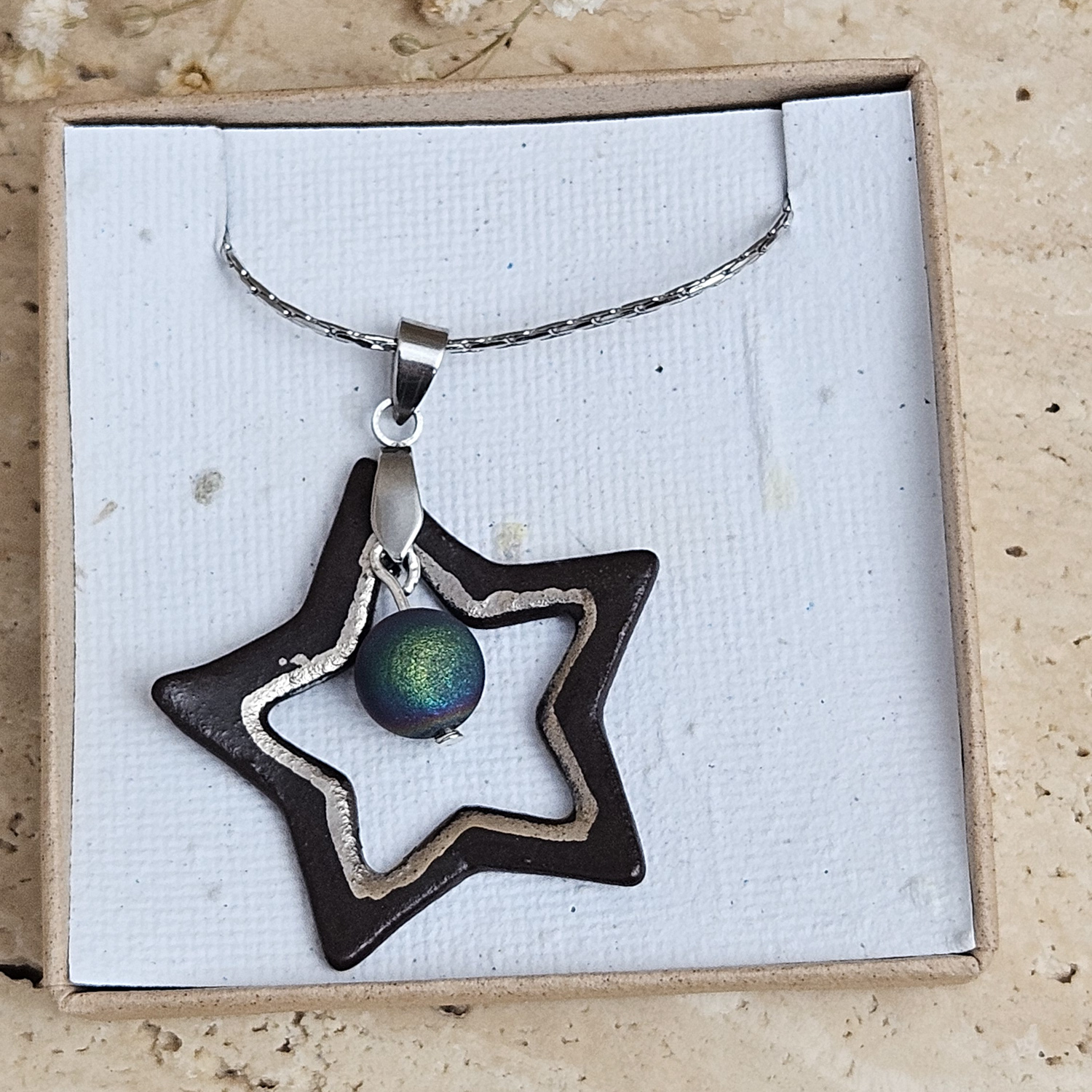 Two-sided black fine ceramic porcelain designer necklace with silver accents (white gold) and agate druzy - Image 3