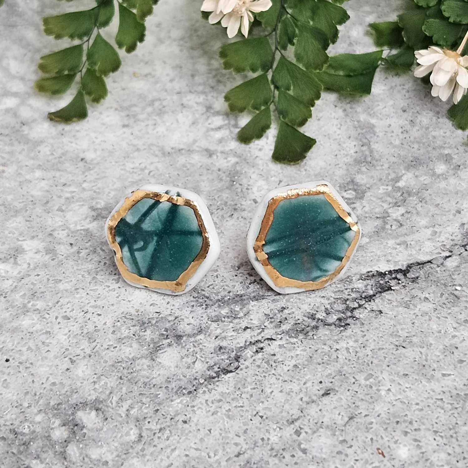 Emerald green fine ceramic porcelain hypoallergenic stud designer earrings for sensitive ears with 22k gold plating - embossed plant