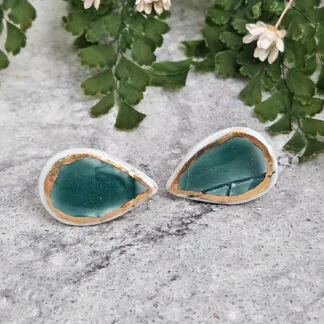 Emerald green fine ceramic porcelain hypoallergenic stud designer earrings for sensitive ears with 22k gold plating - embossed plant