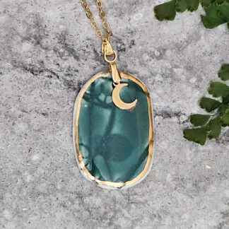 Emerald green fine ceramic porcelain designer necklace - embossed plant with 22k gold plating and moon pendant