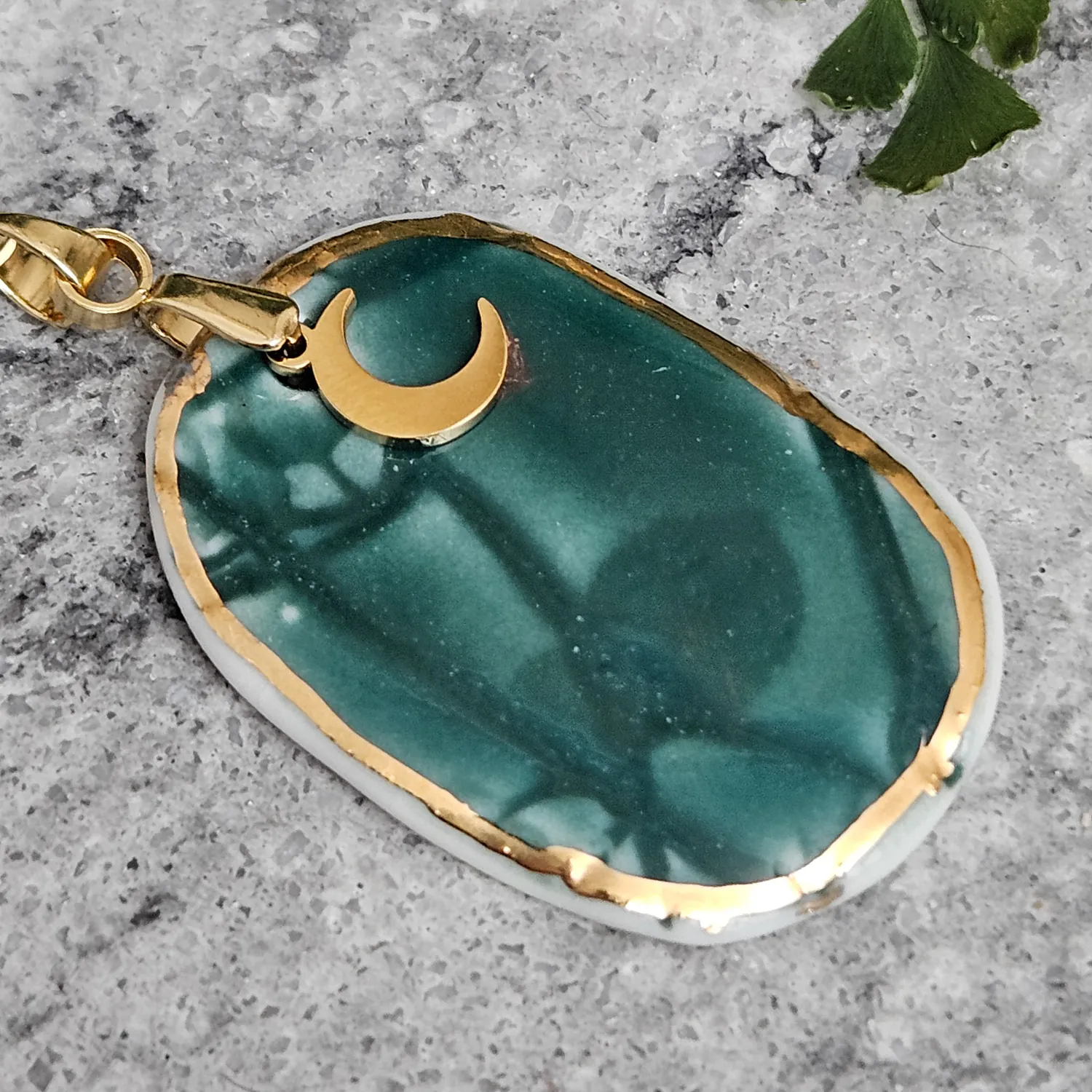 Emerald green fine ceramic porcelain designer necklace - embossed plant with 22k gold plating and moon pendant - Image 2