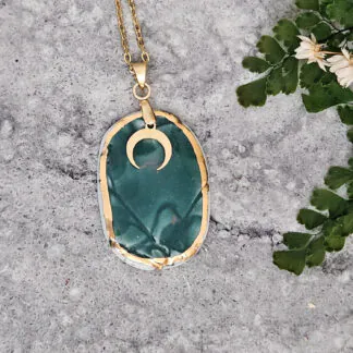 Emerald green fine ceramic porcelain designer necklace - embossed plant with 22k gold plating and moon pendant