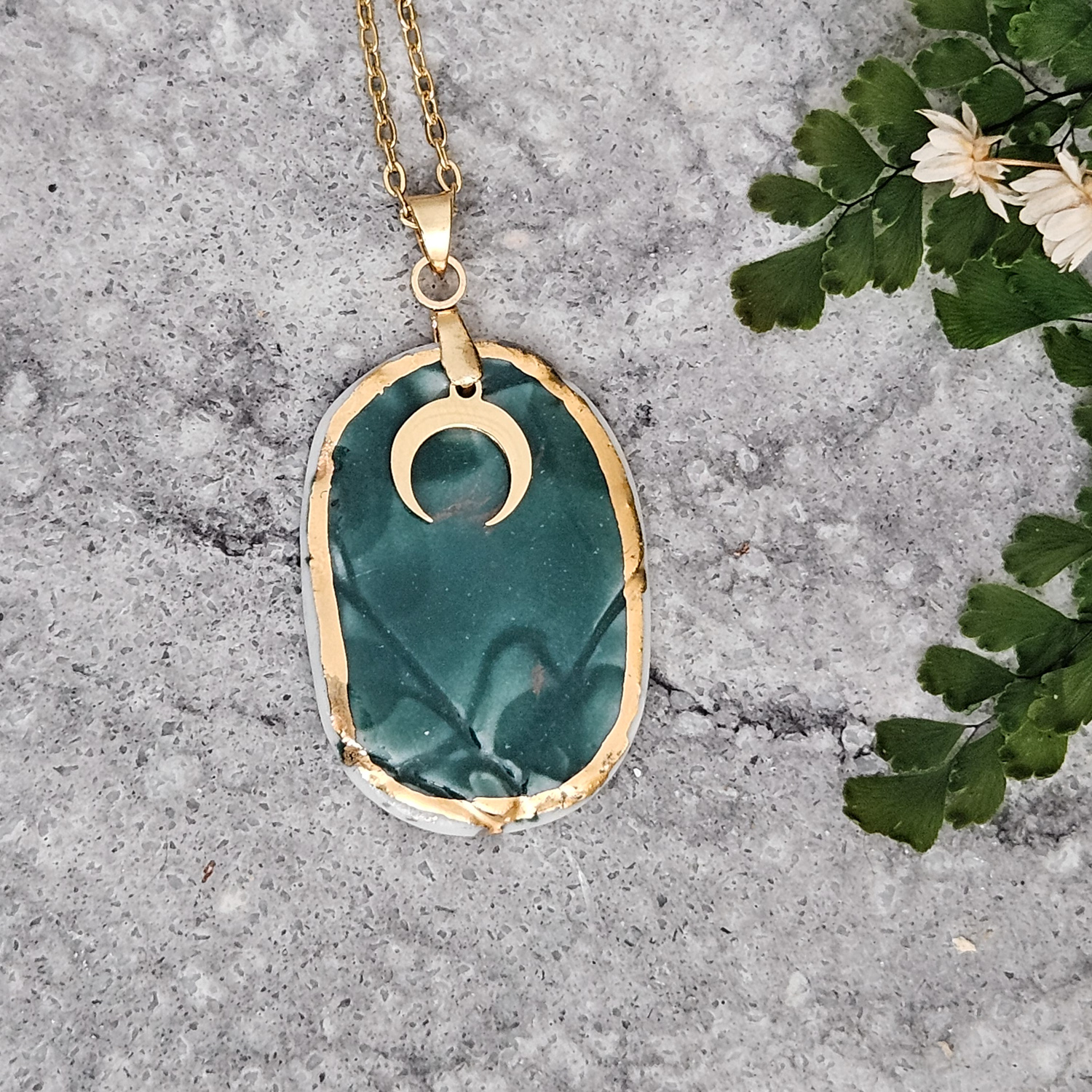 Emerald green fine ceramic porcelain designer necklace - embossed plant with 22k gold plating and moon pendant